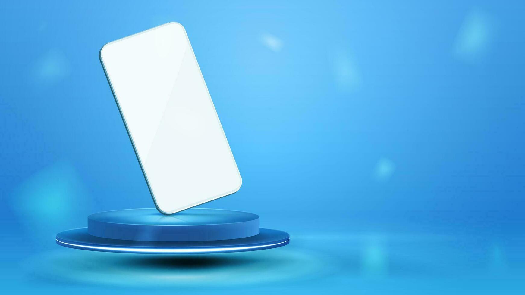 White smartphone on blue podium in blue abstract scene. Smartphone mockup in blue pastel colored of scene vector