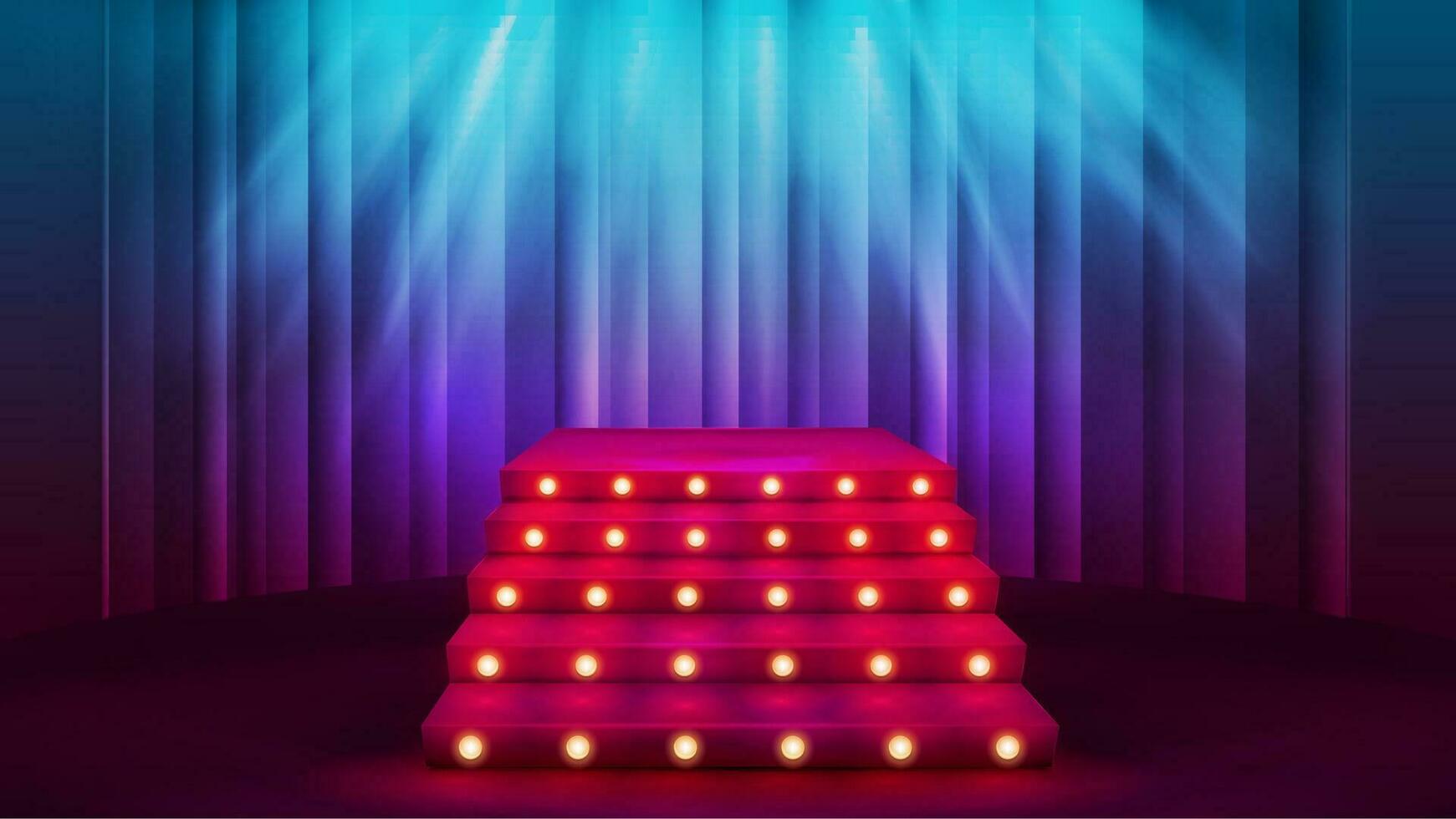 Cartoon blank red square podium with ladder, bulbs lights and spotlight on background with curtain vector