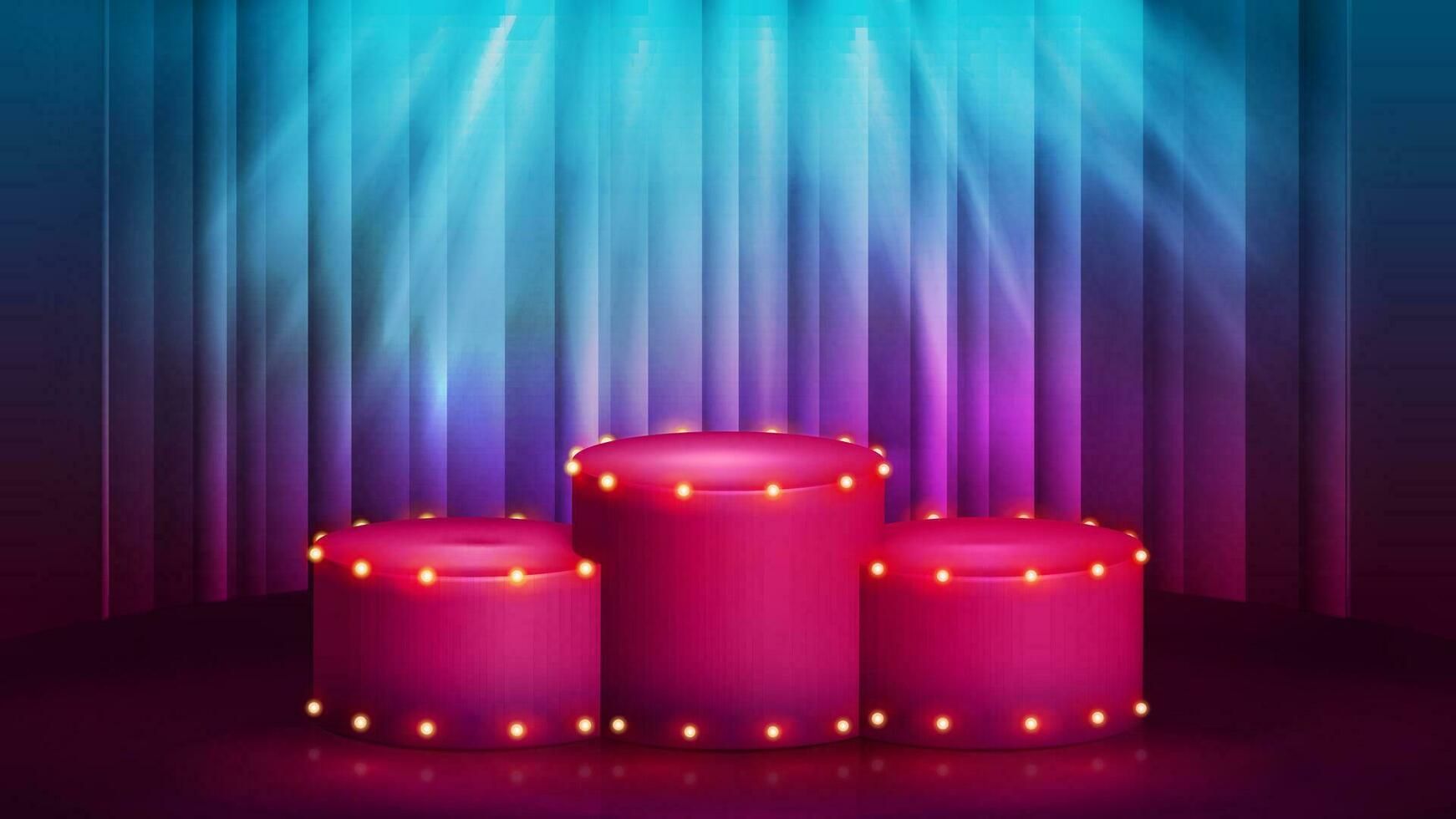 Cartoon pink round cylindrical pedestals of winners with bulbs lights and spotlight on background with curtain vector