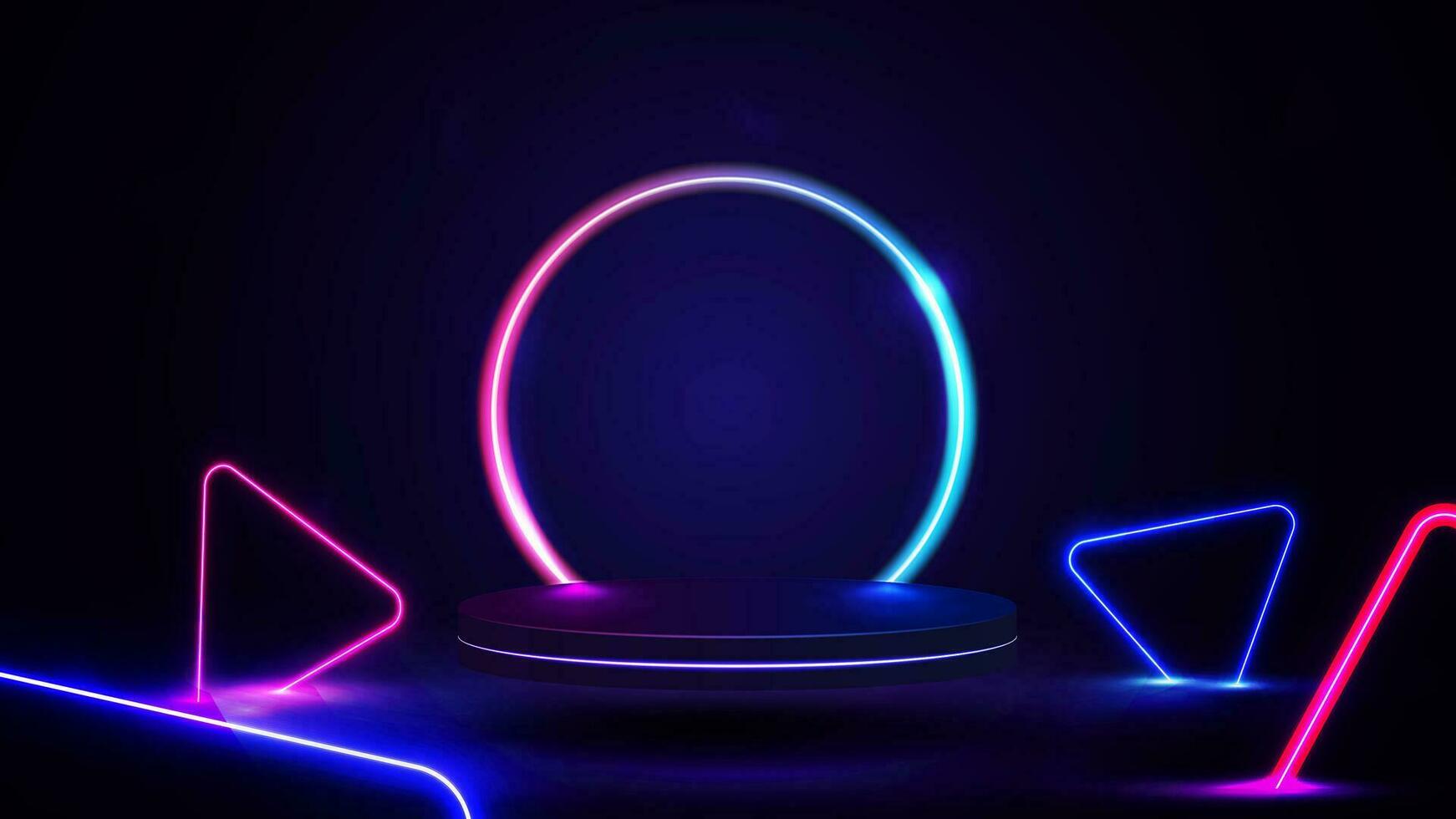 Empty podium with line gradient neon ring on background and neon blue and pink triangles around. 3d render. illustration with abstract scene with pink and blue neon frame vector