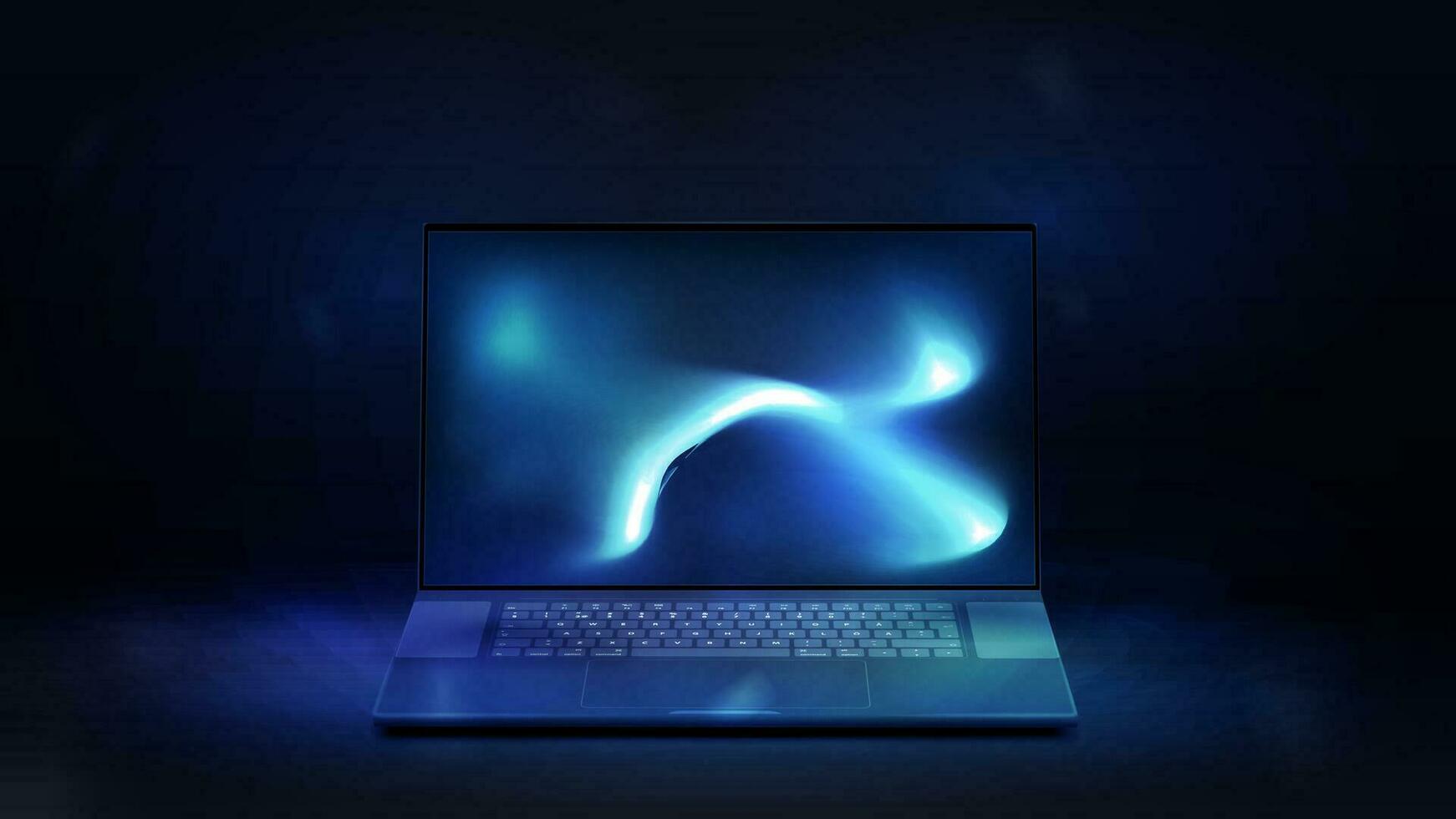 Realistic laptop in blue and dark scene. Computer laptop with screen for copy space text vector