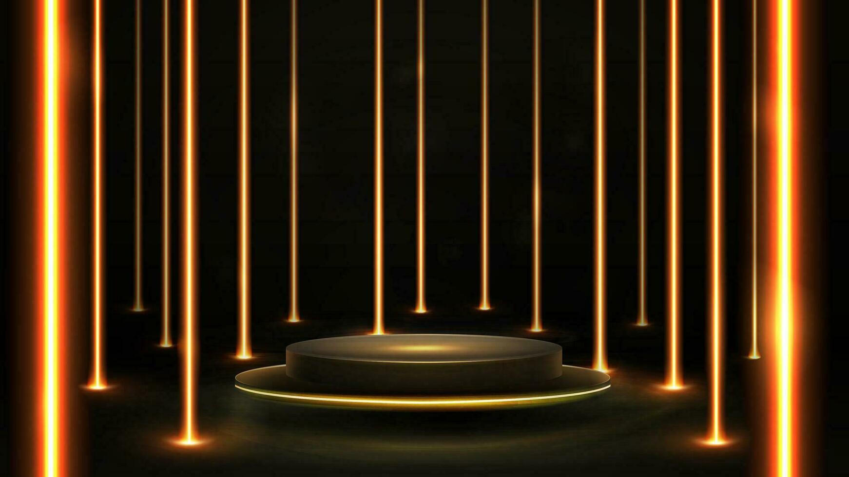 Gold empty podium floating in the air in dark scene with wall of line vertical gold neon lamps around vector