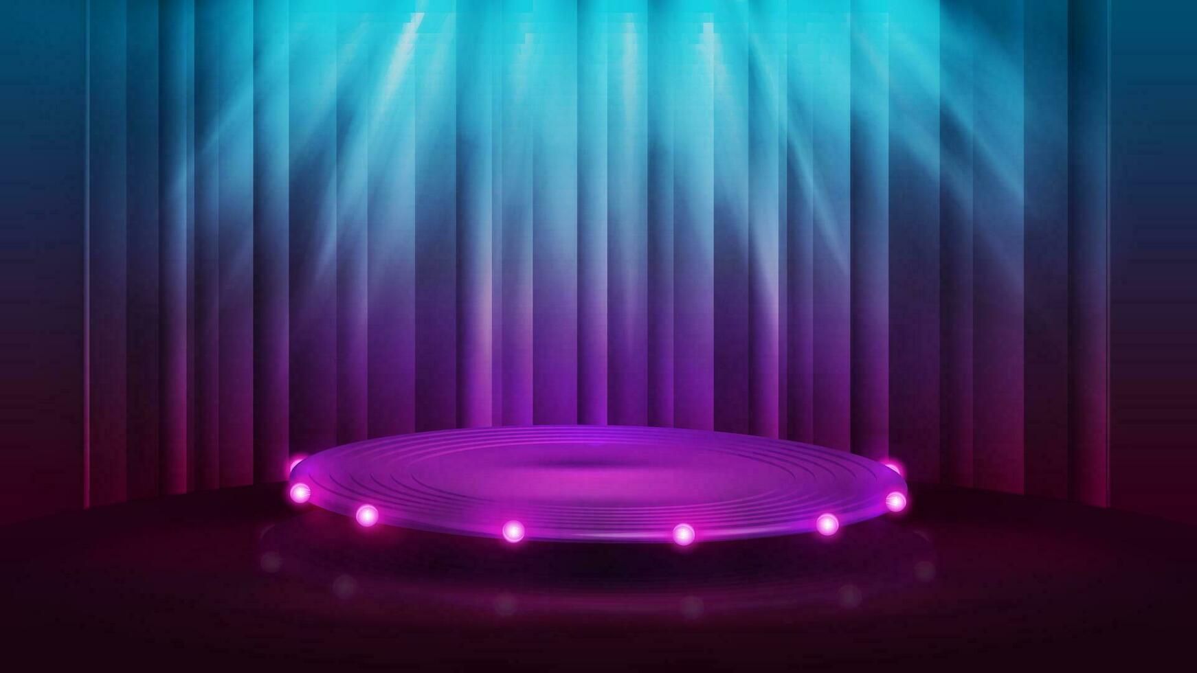 Cartoon purple flat round podium with bulbs lights and spotlight on background with curtain vector