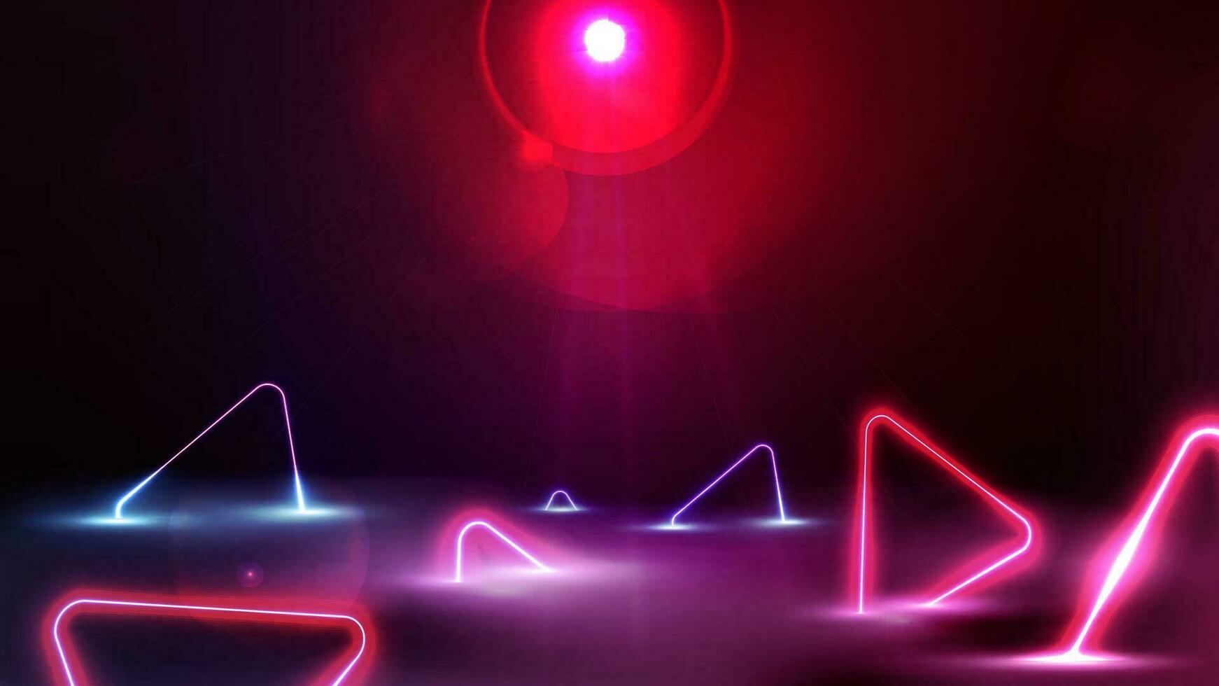 Empty red scene with neon blue and pink triangles around in fog vector