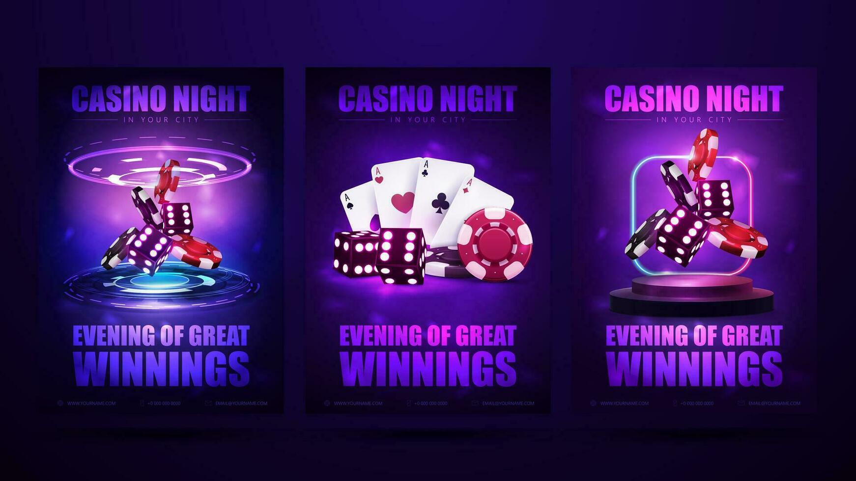 Casino night, set of invitation posters with neon casino elements. Posters with neon dice, red and black realistic gambling stack of casino chips and playing cards vector