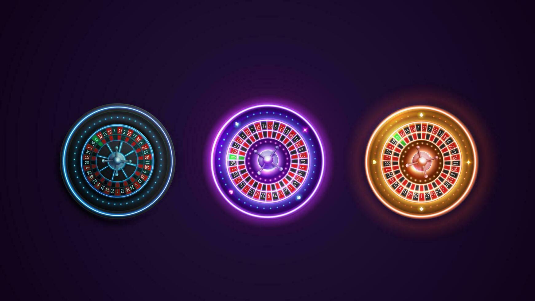 Neon Casino Roulette wheels isolated on dark background, blue, pink and gold digital casino elements vector