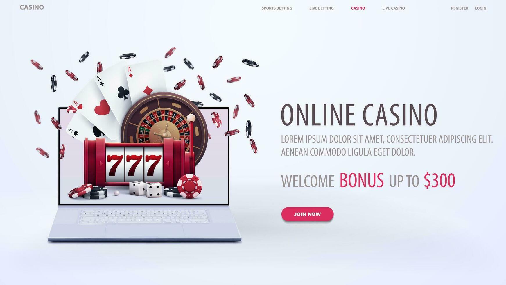 Online casino, white web banner with offer, laptop, slot machine, playing cards, roulette, dice and poker chips on white background vector