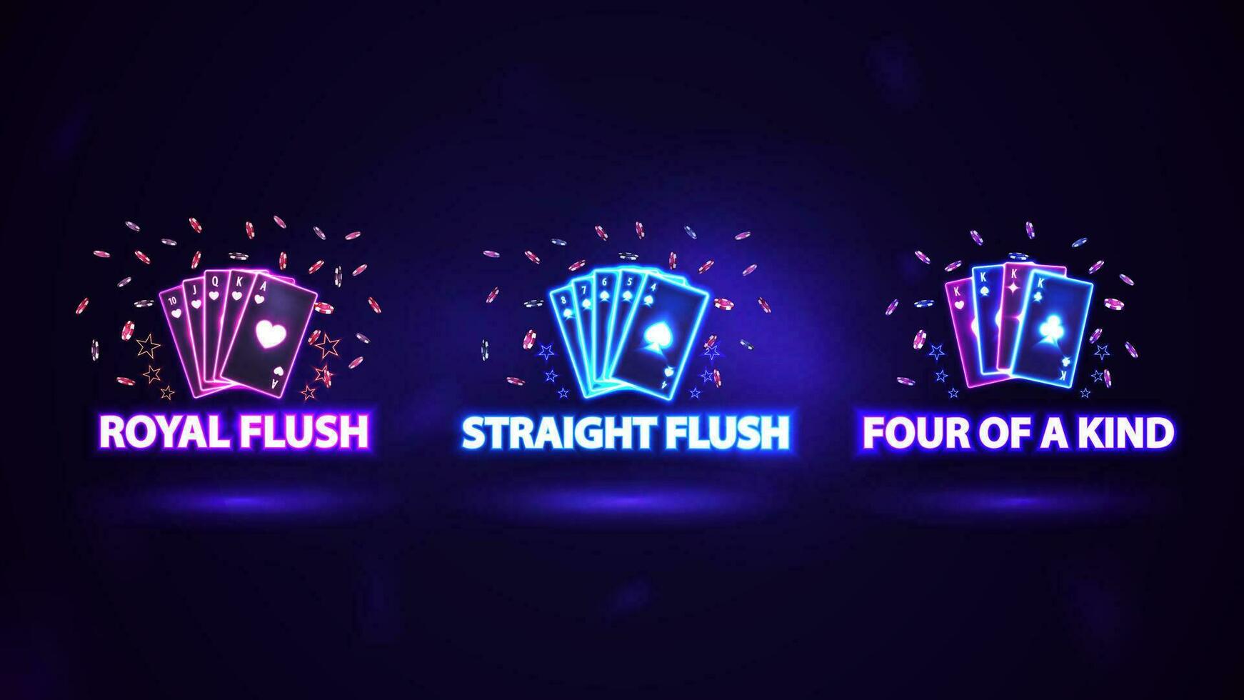 Neon poker hand rankings signs. Pink and blue shine neon casino playing cards vector