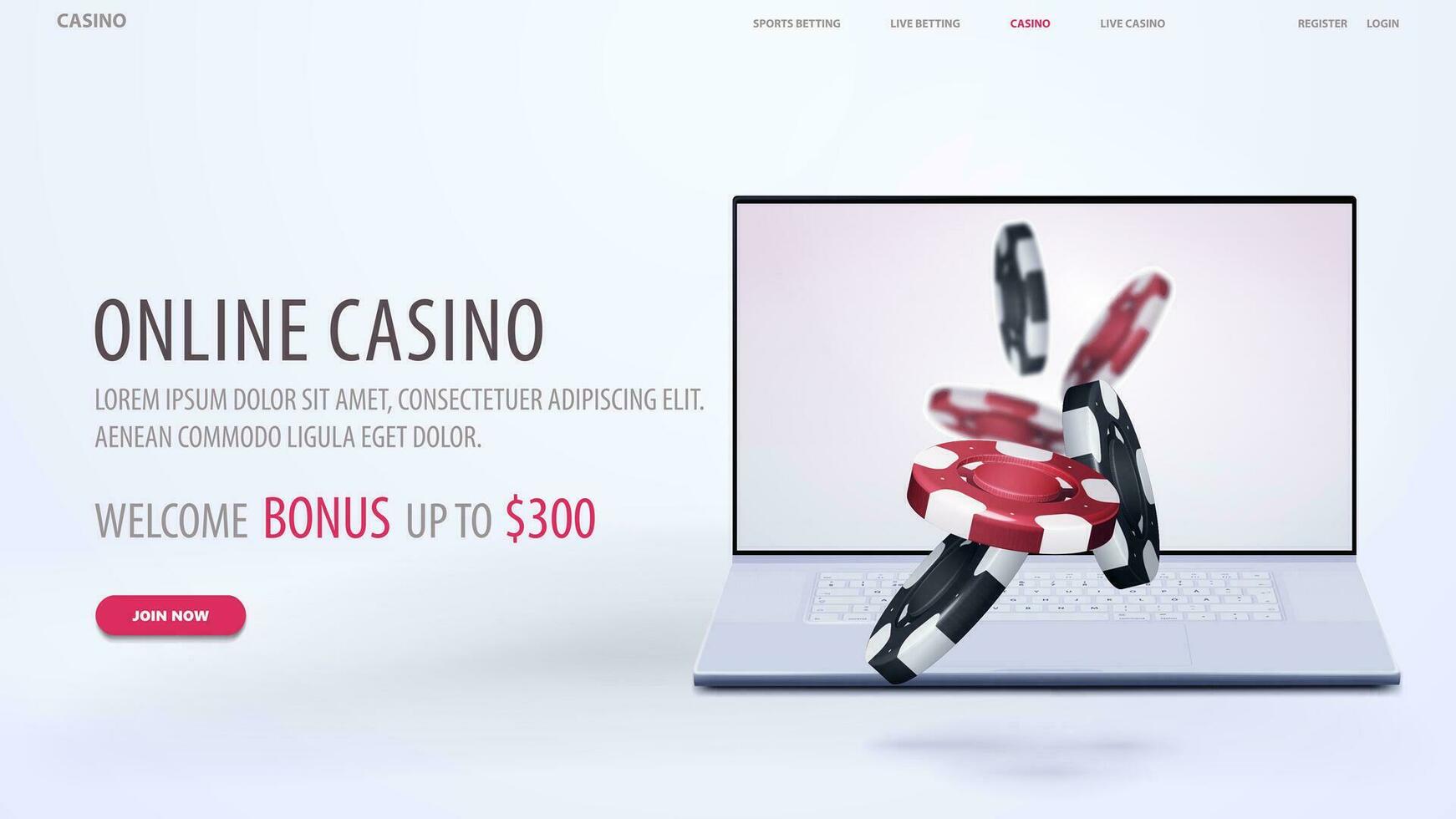 Online casino, white web banner with offer, laptop and red and black realistic gambling stack of dropping casino chips on white background vector