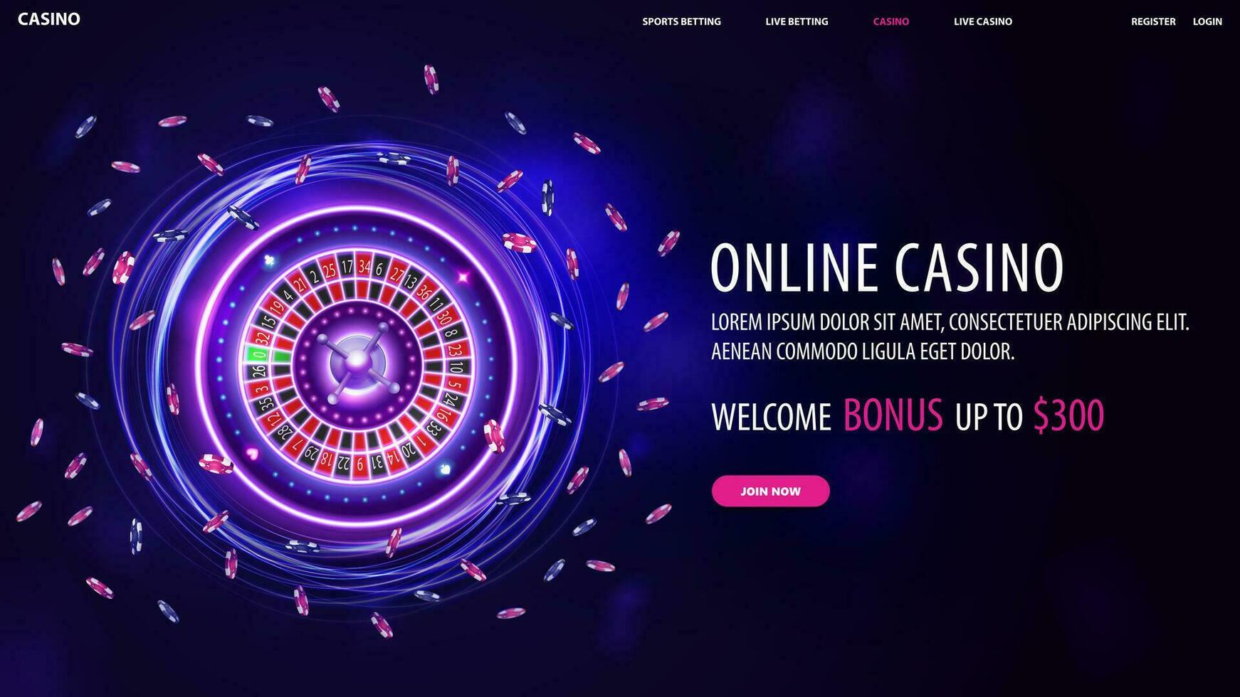 Online casino, web banner with offer, button and Pink and blue rotate neon Casino Roulette wheel with poker chips vector