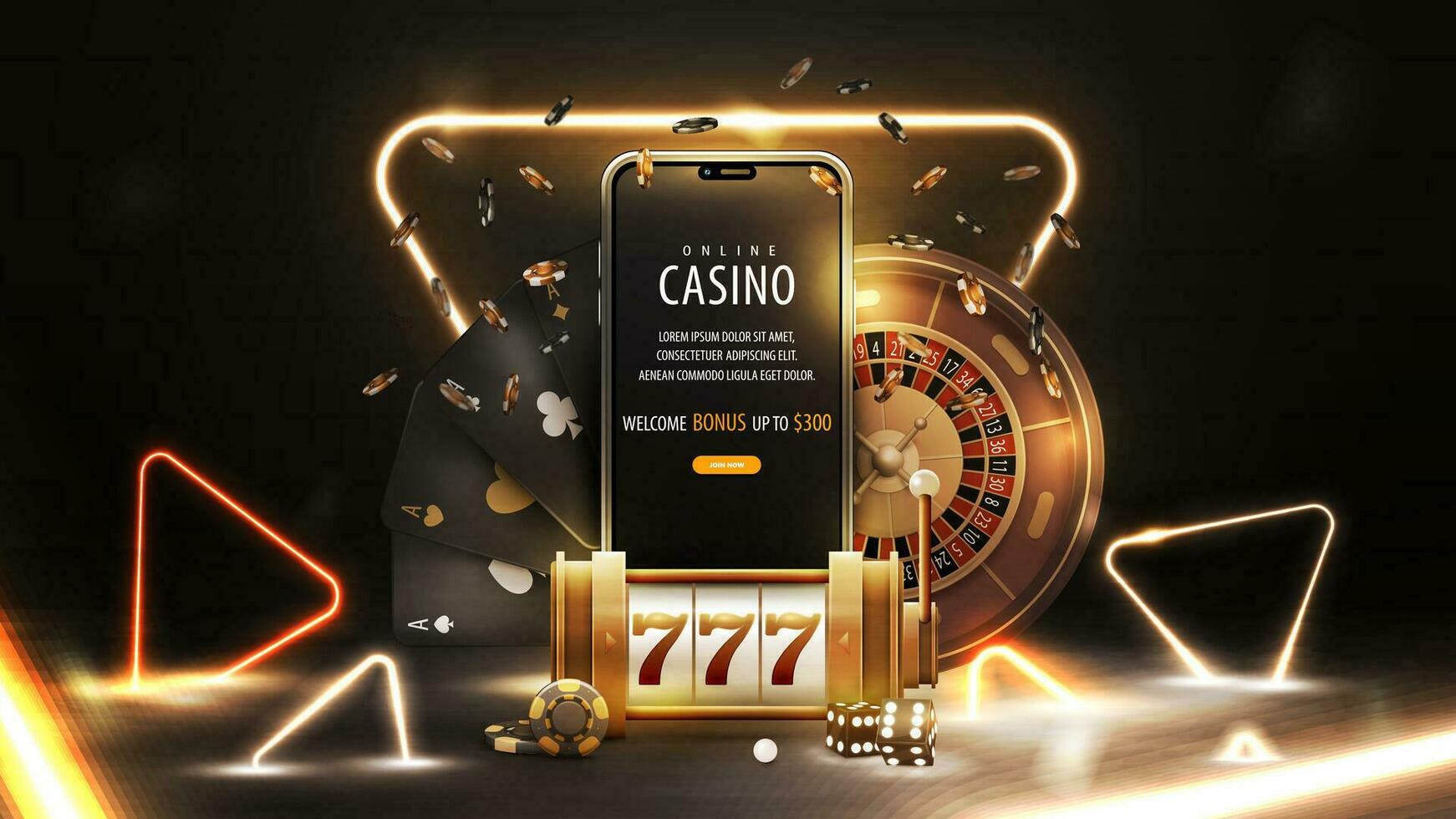 Online casino, banner with smartphone with gold neon triangle frame, slot machine, Roulette, chips, playing cards and gold neon triangles around vector