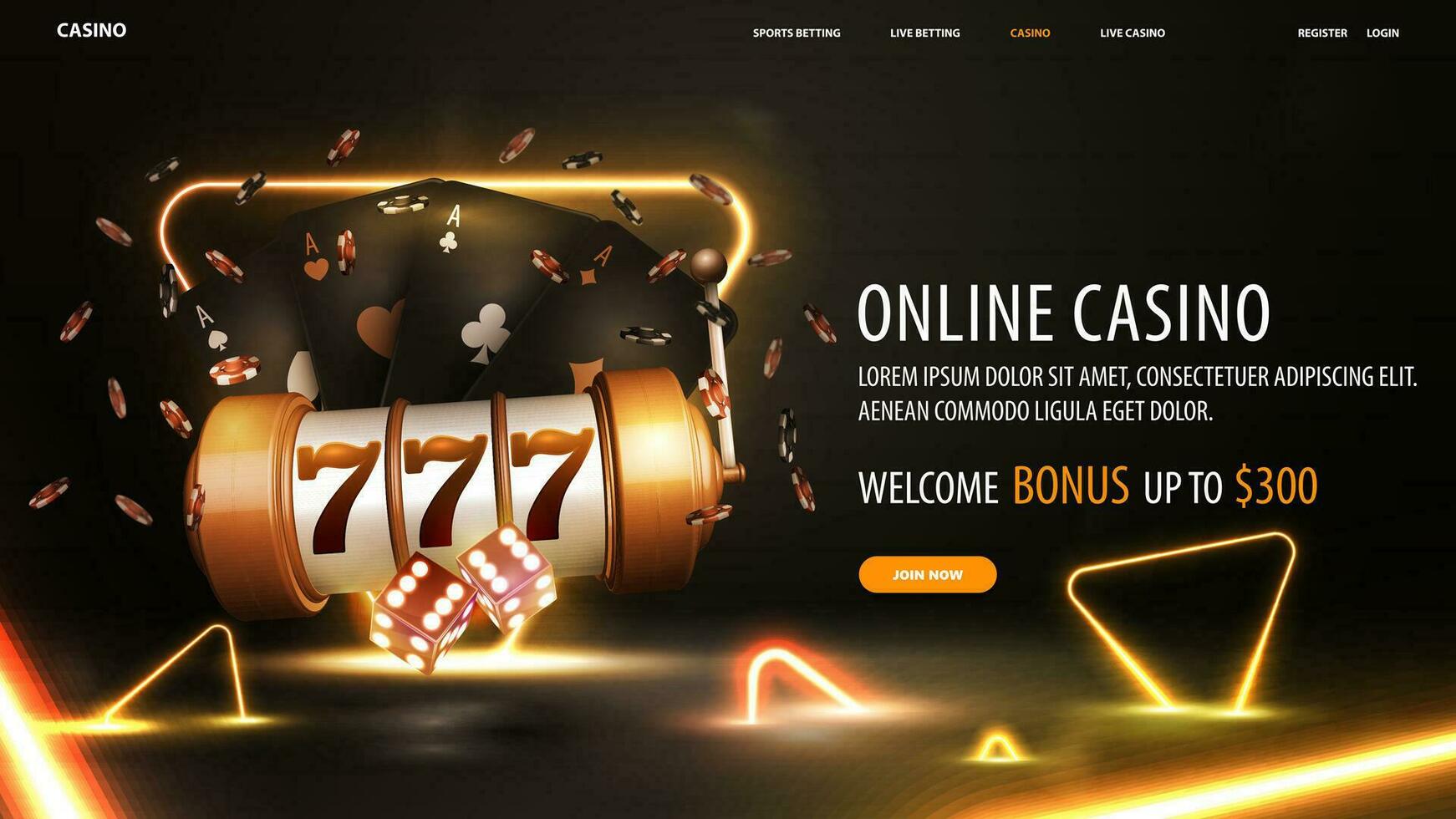 Online casino, welcome bonus, black banner with offer, casino slot machine, dice, black playing cards and gold neon ring in dark scene with gold neon triangles around vector