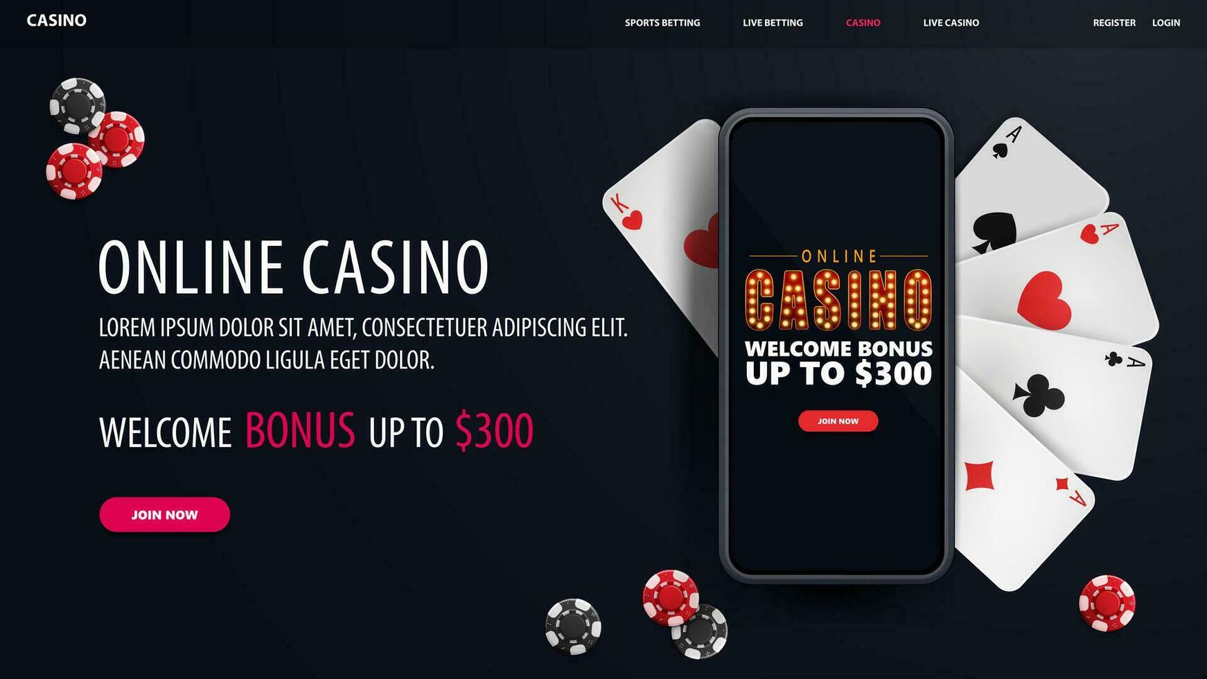 Online casino, banner with smartphone with offer, playing cards and poker chips, top view vector