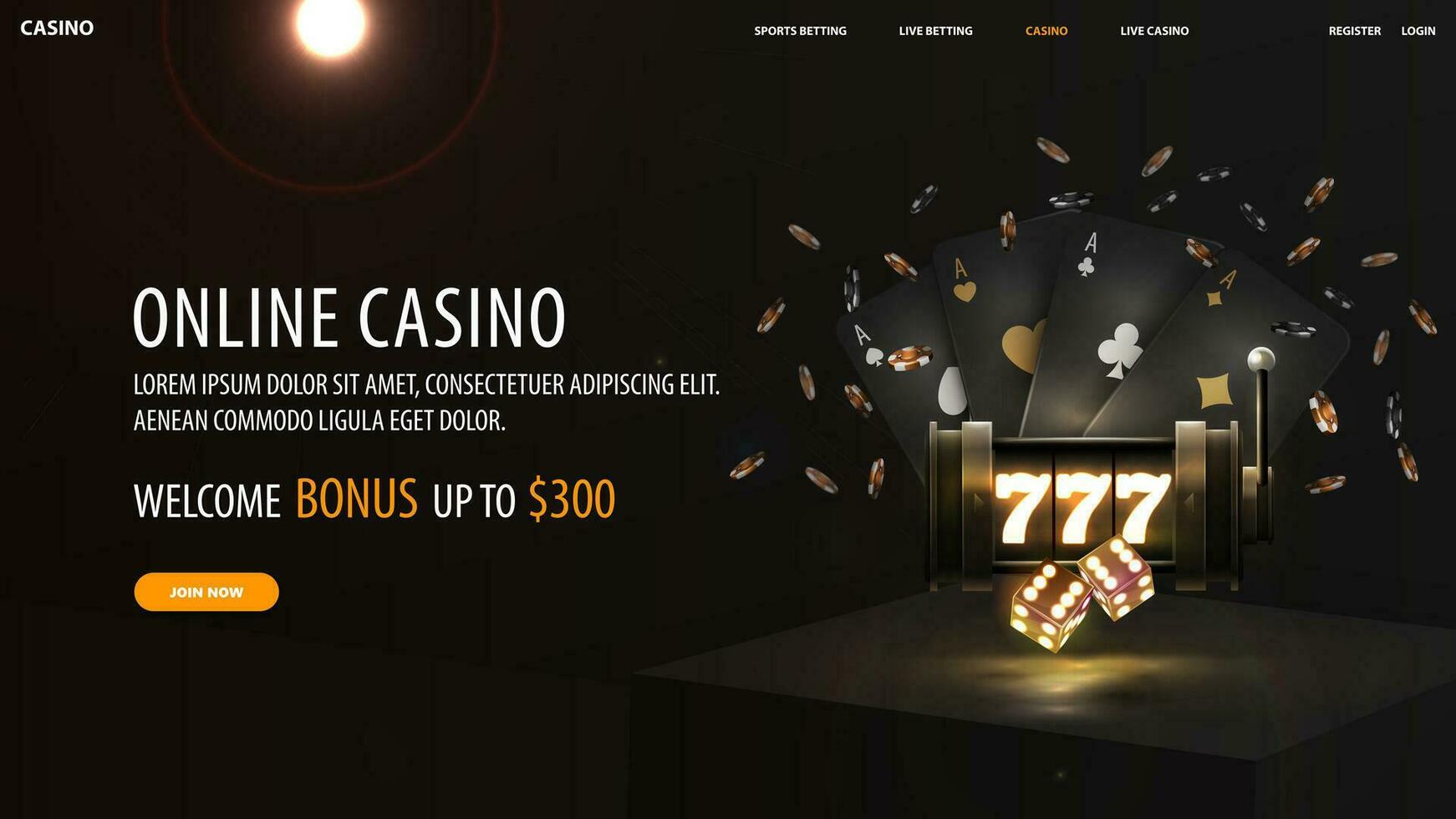 Online casino, dark web banner with black neon slot machine, black playing cards, dice and poker chips on dark square podium vector