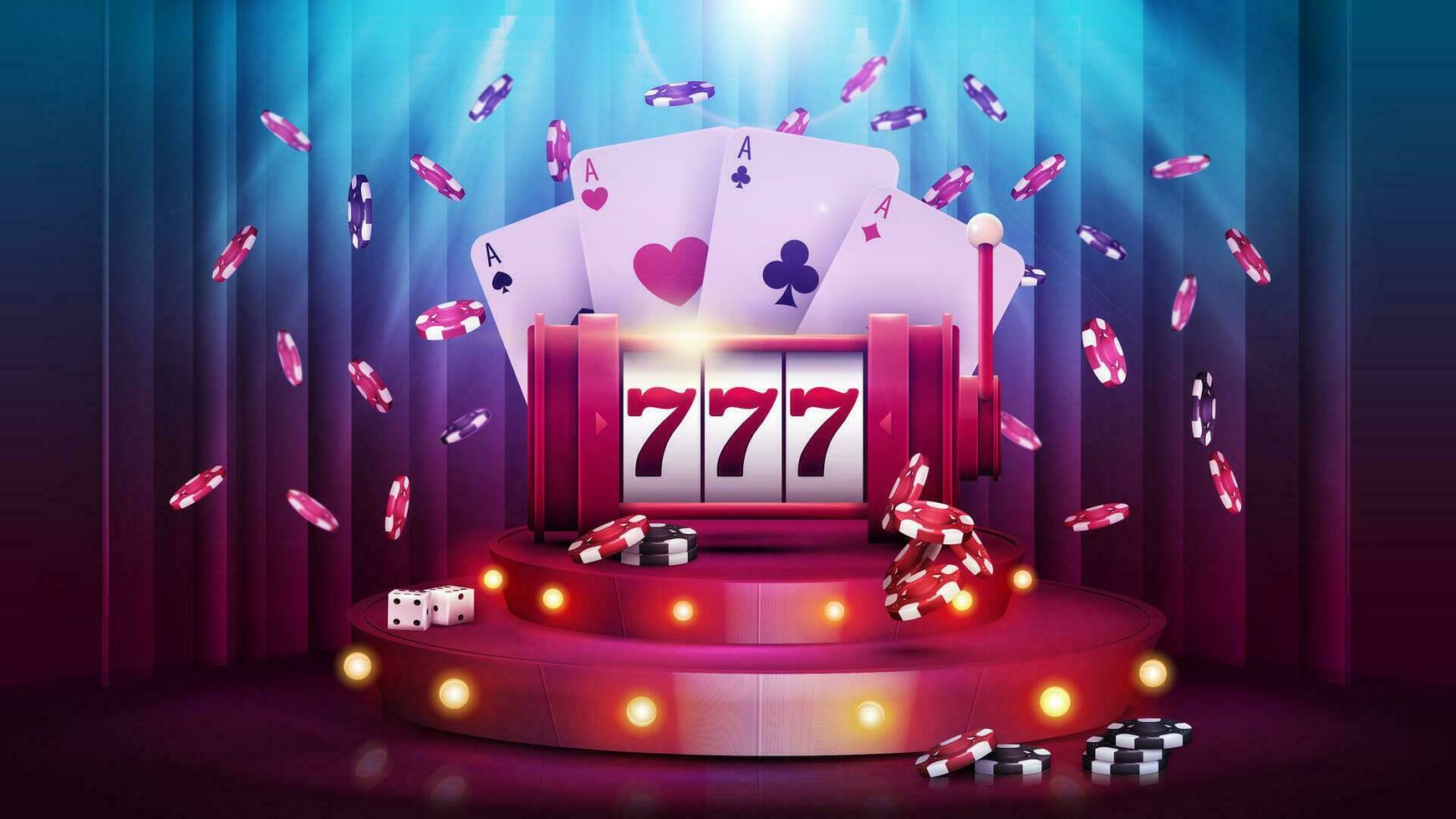 Cartoon podium with Casino slot machine poker chips and playing cards on background with curtain and spotlight. Casino poster for your arts vector