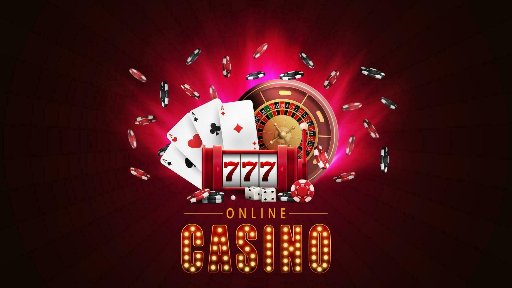 Online casino, red poster with spotlights, slot machine with jackpot, casino roulette wheel, poker chips and playing cards vector