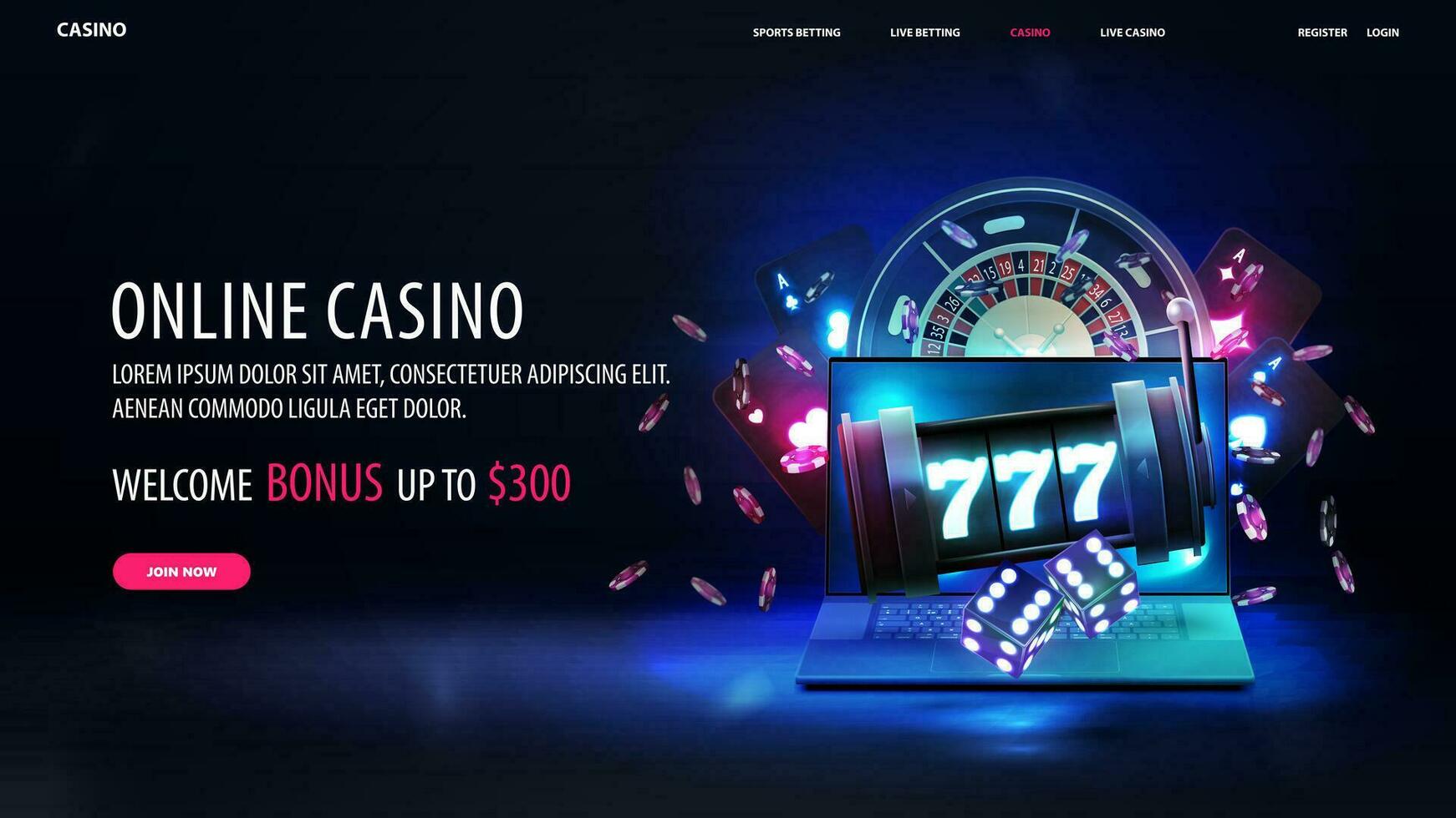 Online casino, black and blue banner with laptop, slot machine, neon playing cards, roulette, dice and poker chips on dark background vector