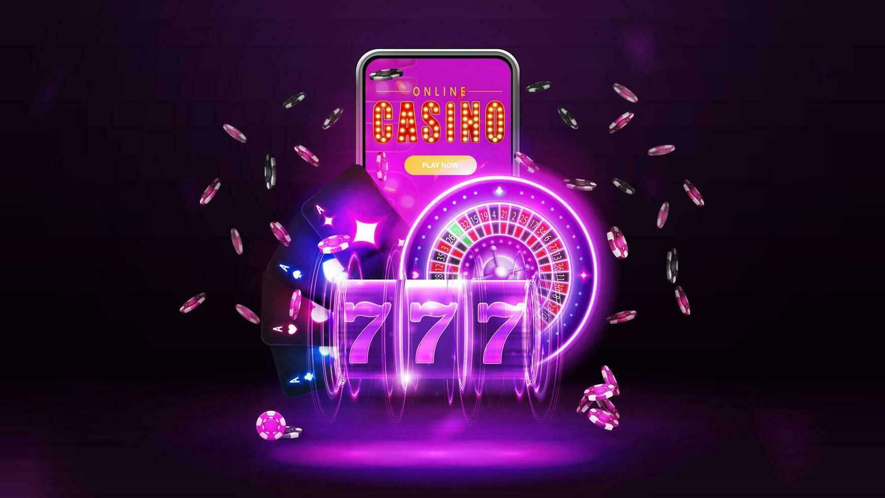 Online casino, banner with smartphone, purple neon slot machine, neon casino roulette, playing cards and poker chips vector