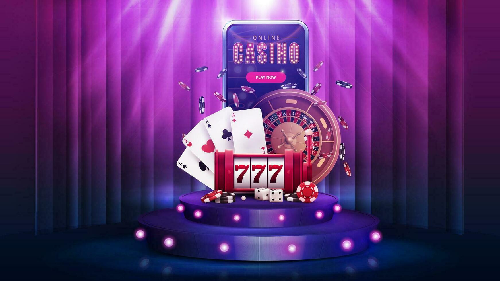 Purple round podium with smartphone, casino slot machine, roulette wheel, poker chips and playing cards on background with curtain and spotlight vector