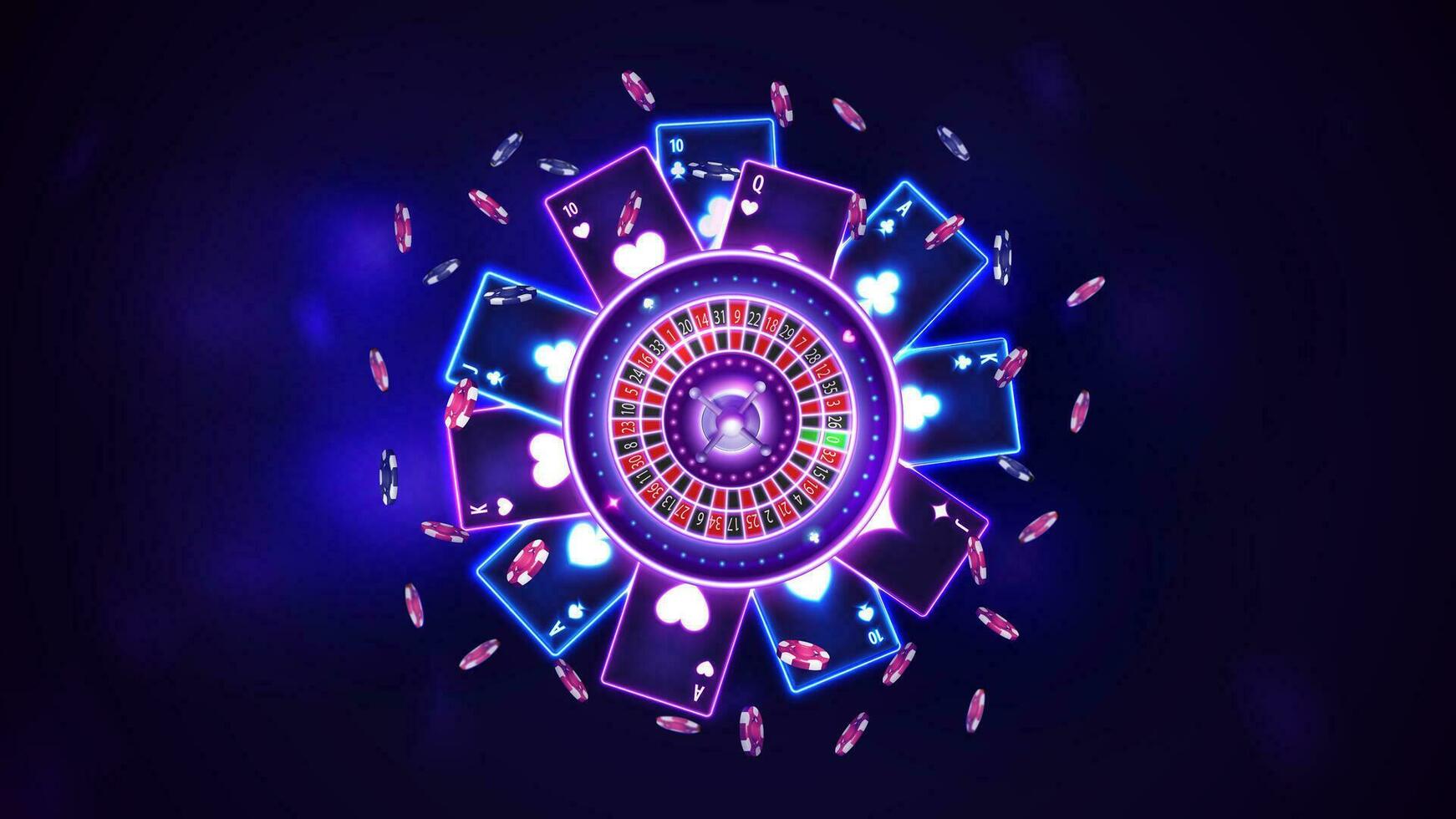 Pink shine neon Casino Roulette wheel with poker chips and playing cards in dark empty scene, top view. Background for your arts vector