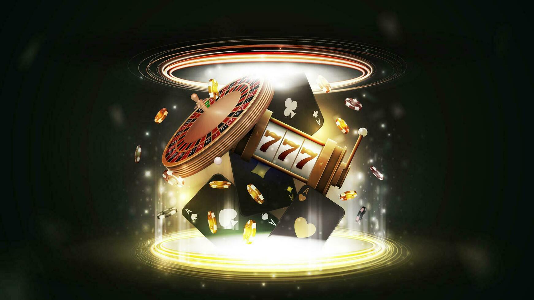 Black casino playing cards, casino roulette, slot machine and poker chips inside gold portal made of digital rings on dark background vector