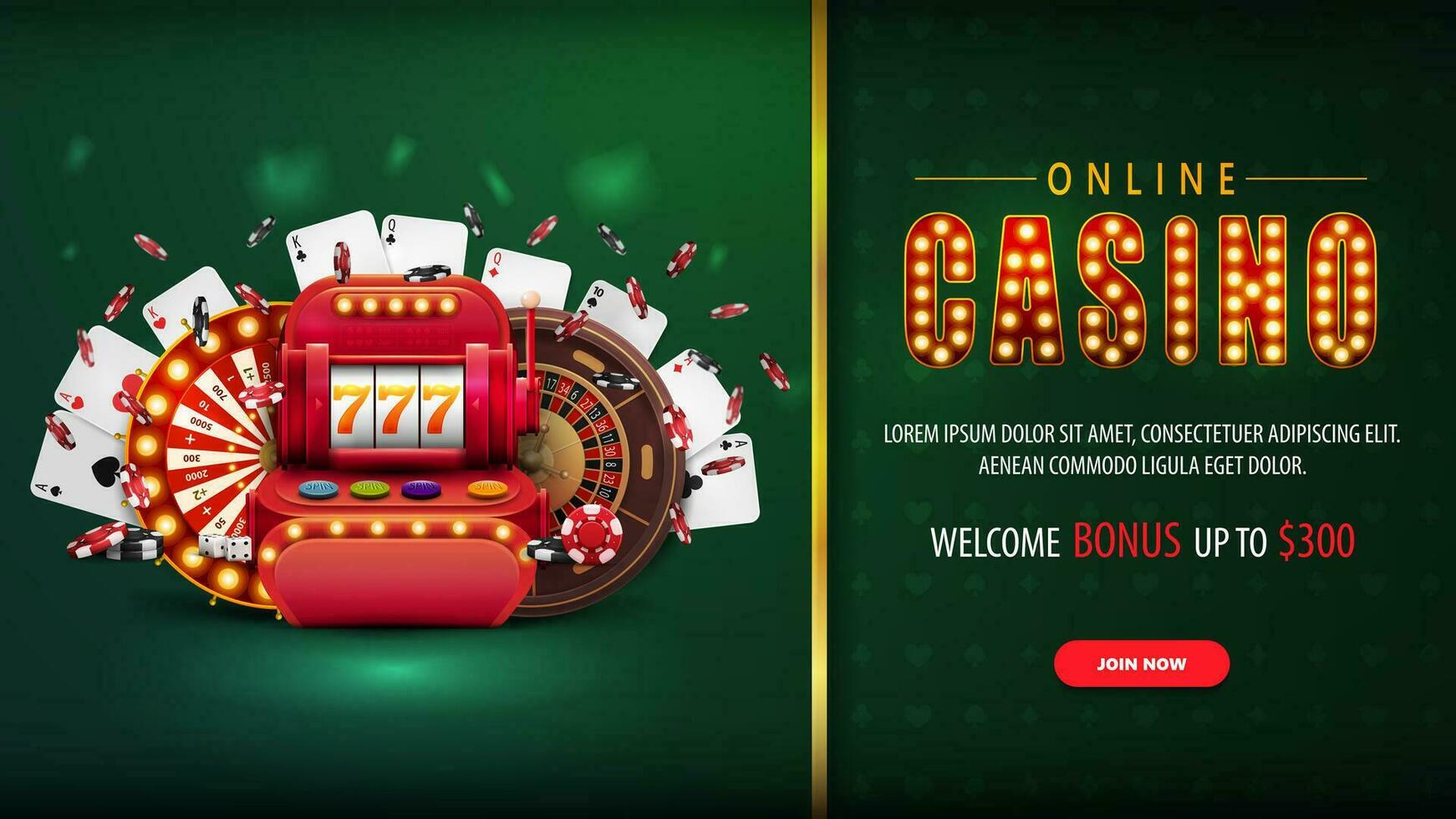 Online casino, green horizontal banner with button, offer, slot machine, Casino Wheel Fortune, Roulette, falling poker chips and playing cards. vector