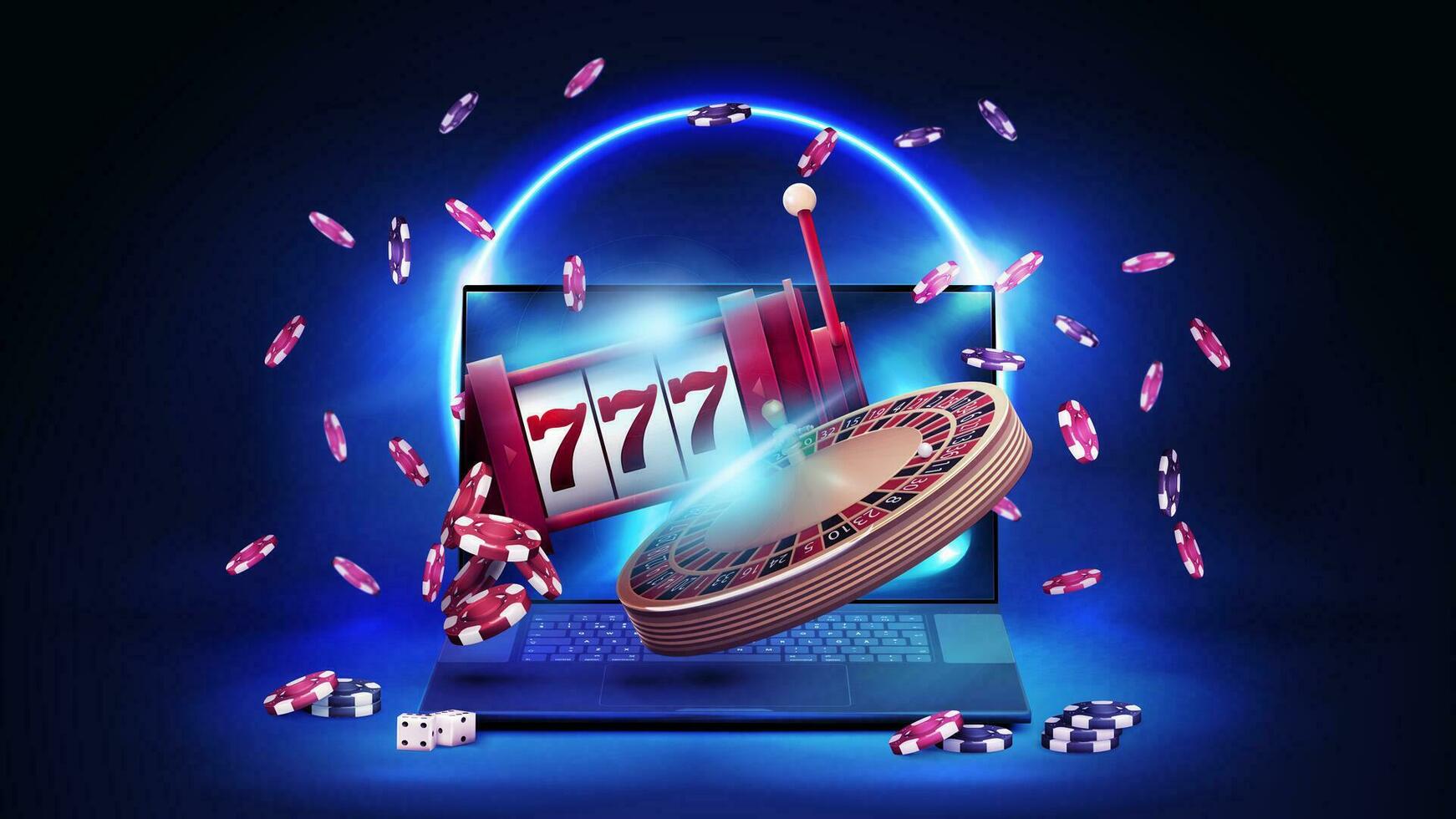 Online casino, blue banner with laptop, slot machine, Casino Roulette and poker chips in blue scene with neon ring on background. vector