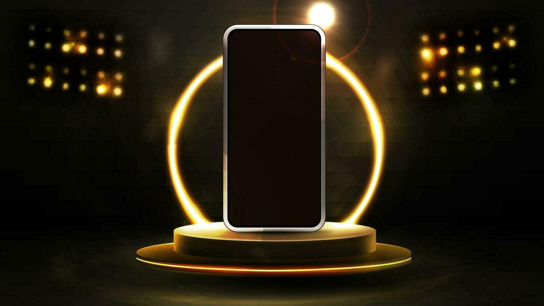 Smartphone on realistic empty gold podium floating in the air with gold neon ring on background and spotlights vector