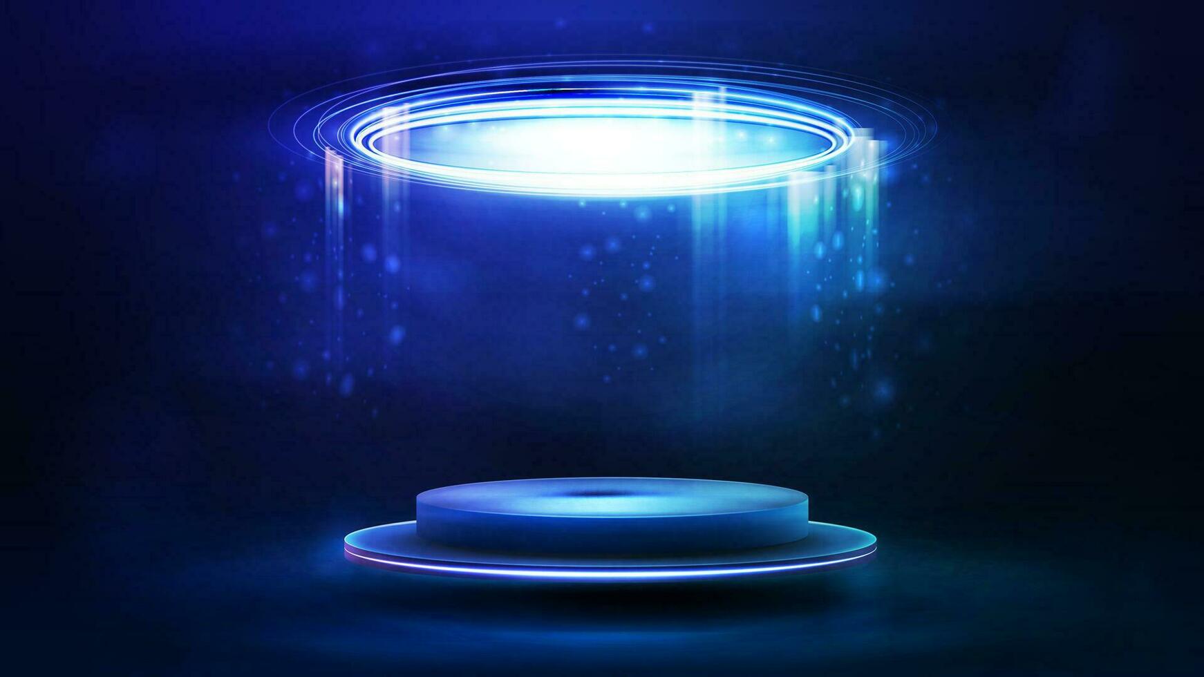 Blue floating podium with large circle ceiling lamp on dark and blue background. vector