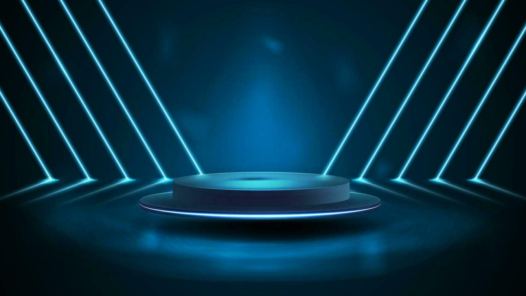 Empty podium in empty blue scene with diagonal blue line neon lamps on background. vector