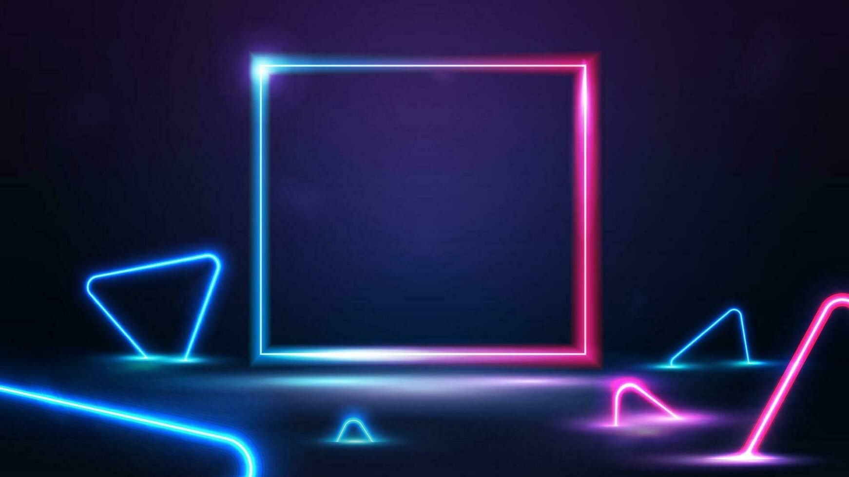 Neon square gradient blue and pink frame on dark scene with neon blue and pink triangles around vector