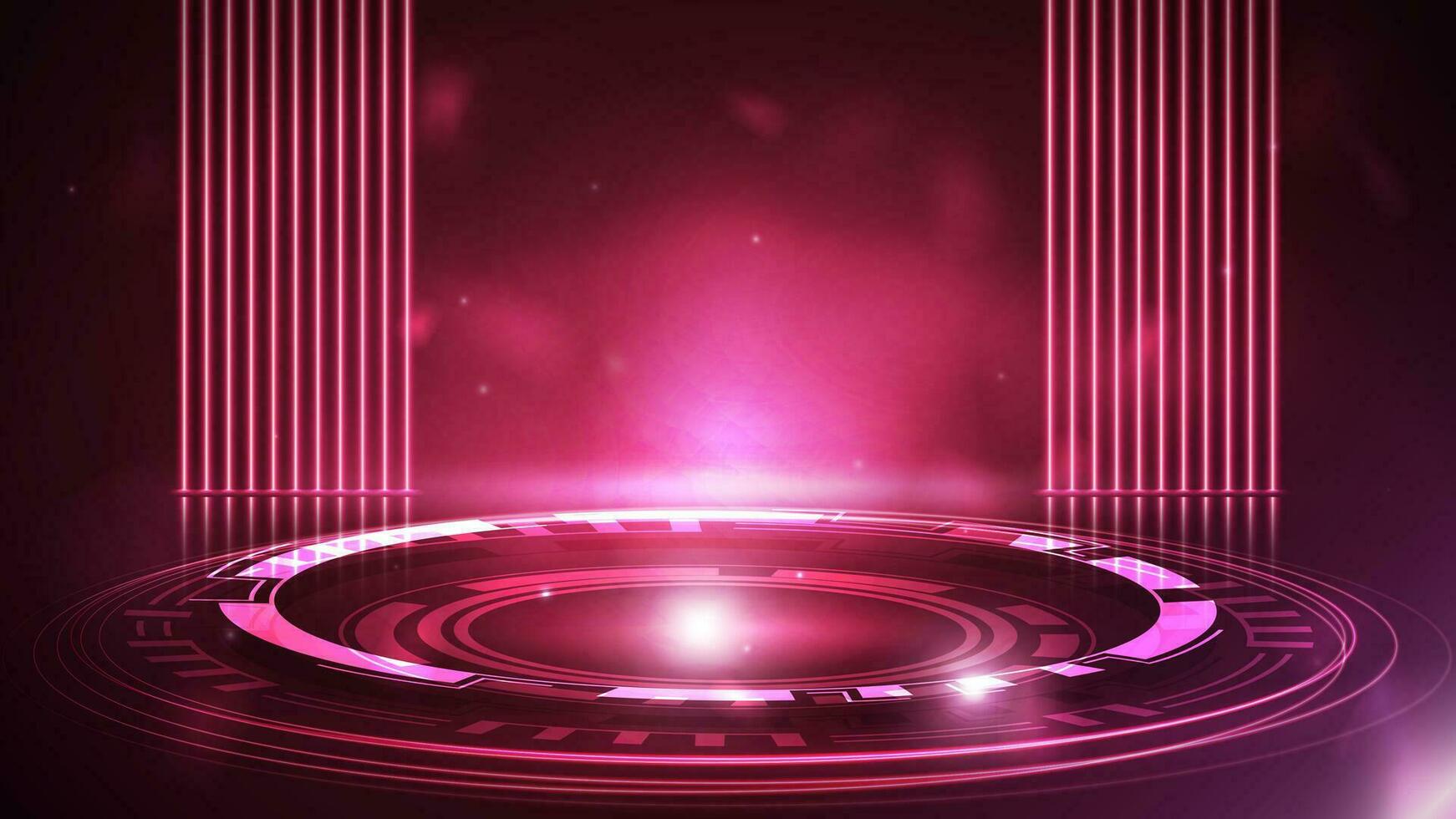 Pink empty scene with line neon lamps on background and pink hologram of digital rings in dark room vector