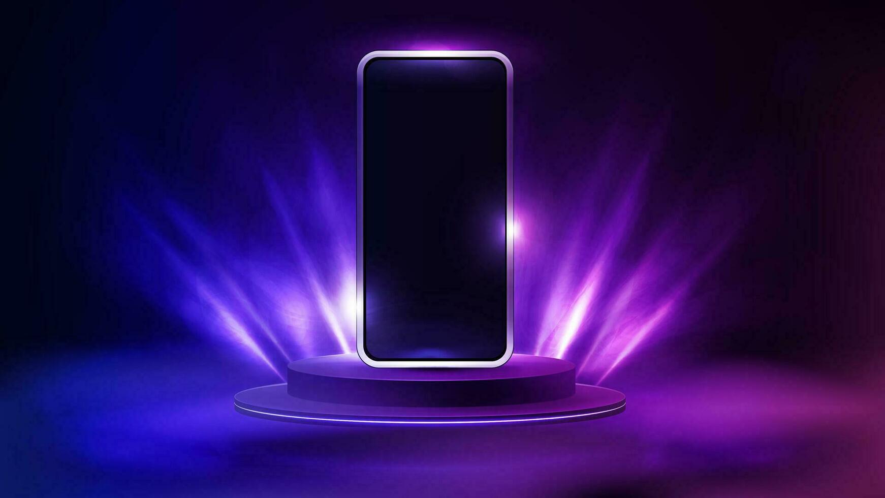 Smartphone on podium with lighting of spotlights, 3d realistic vector illustration.
