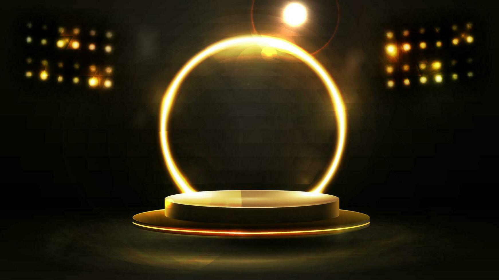 Empty gold podium floating in the air with gold neon ring on background. vector