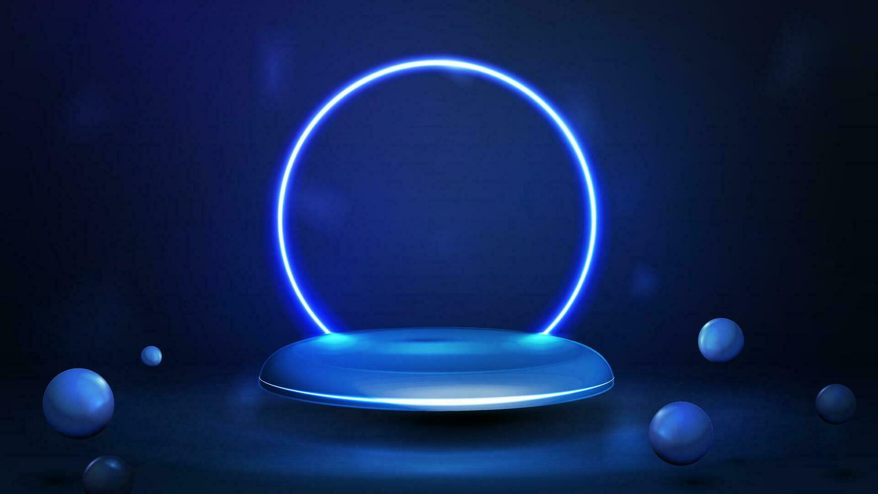 Blue podium floating in the air with blue neon ring on background. vector