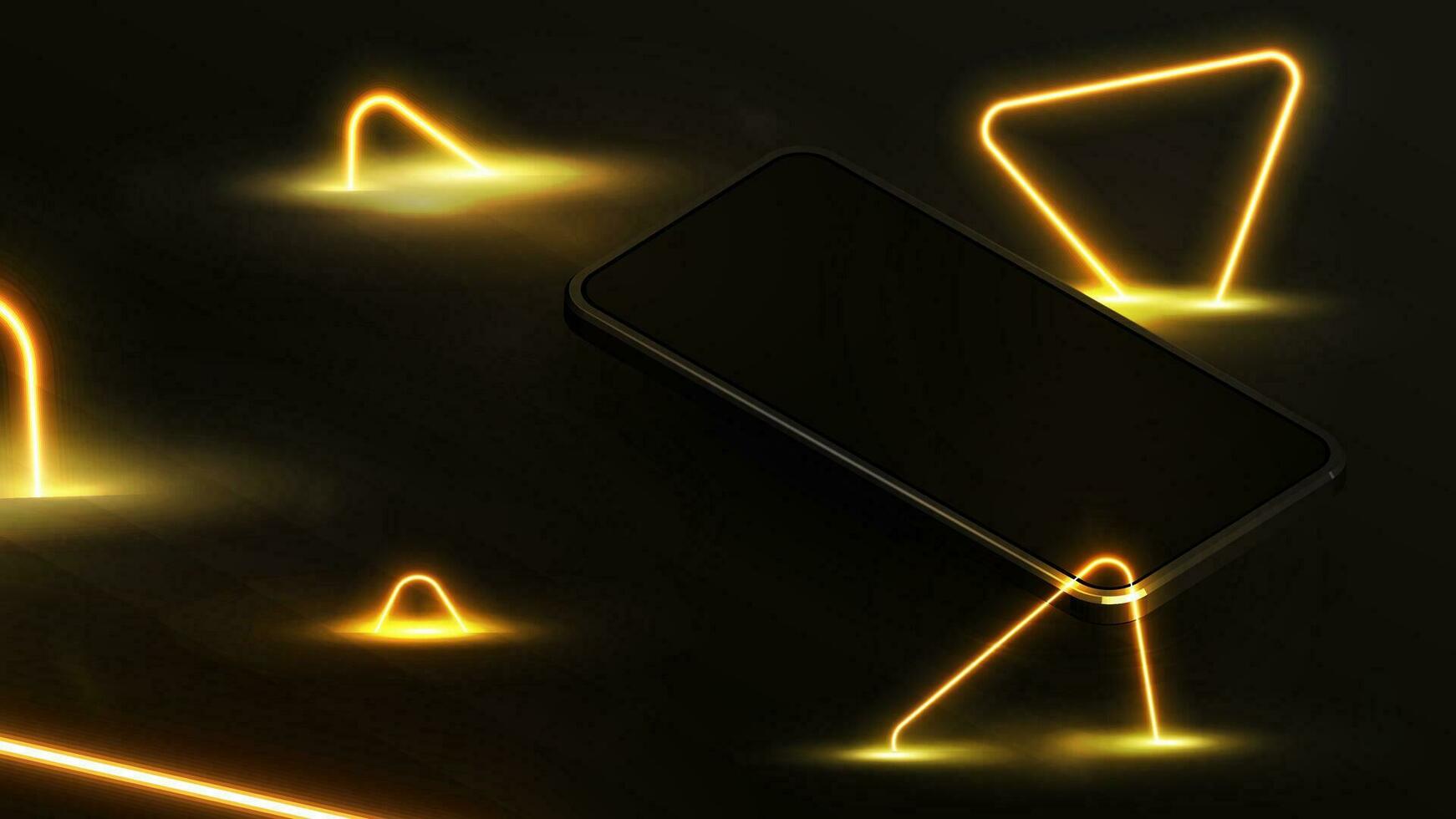 Black smartphone on dark background with yellow neon triangles around. Smartphone mockup for your arts vector