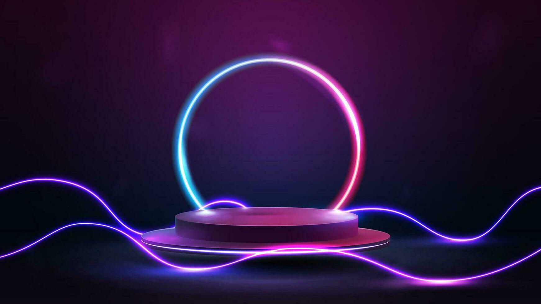 Podium floating in the air with line gradient neon ring on background and neon wave line lasers around vector