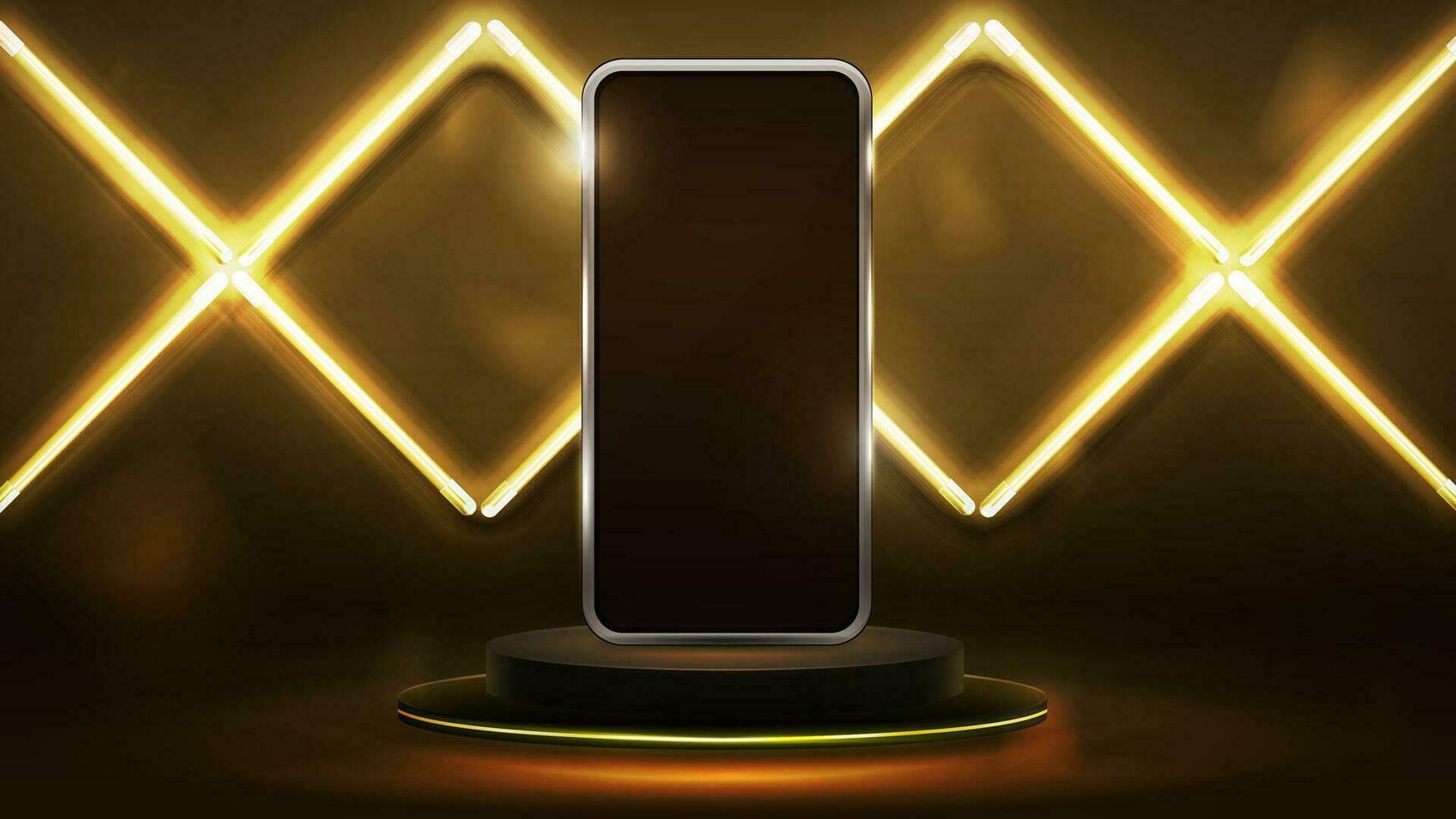 Smartphone on gold empty podium in dark scene with wall of line rhombus gold neon lamps vector
