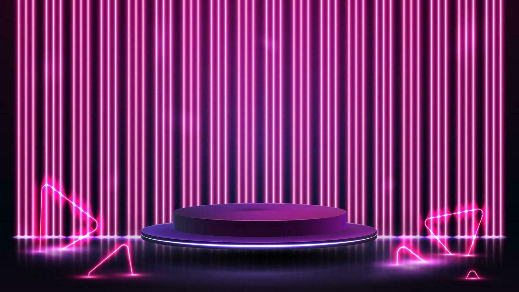 púrpura podio flotante en el aire con línea neón rosado pared en antecedentes y neón triangulos alrededor vector