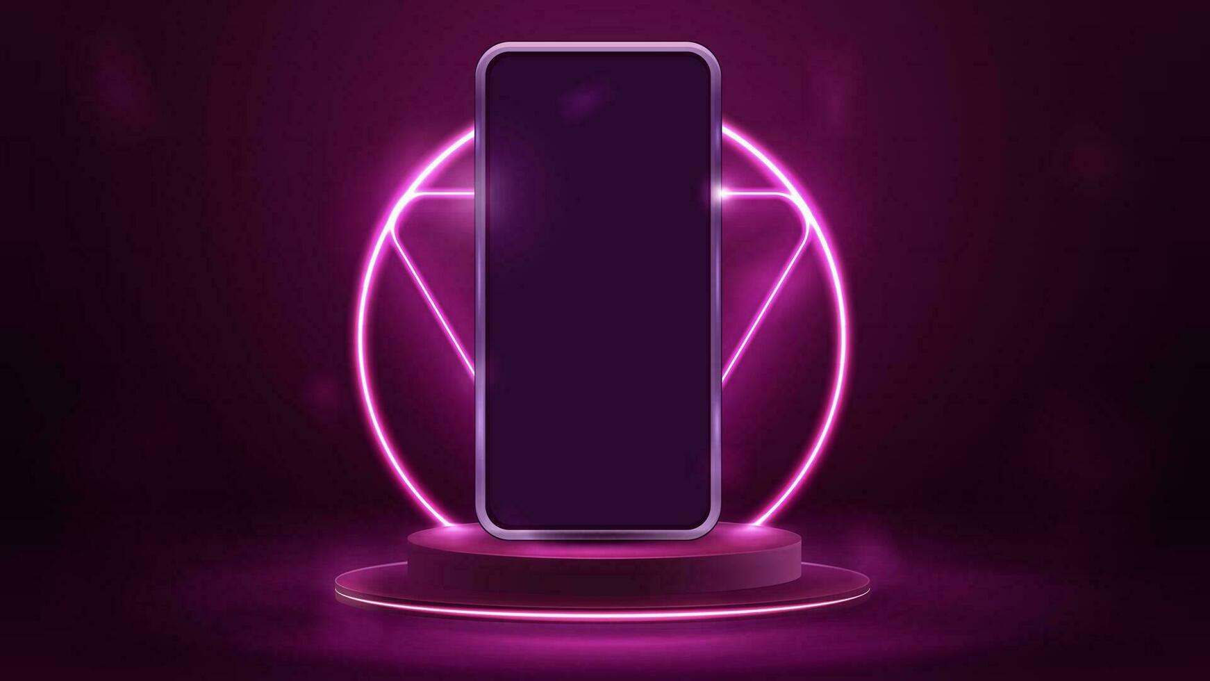 Smartphone on podium with pink neon ring and triangle frame on background vector