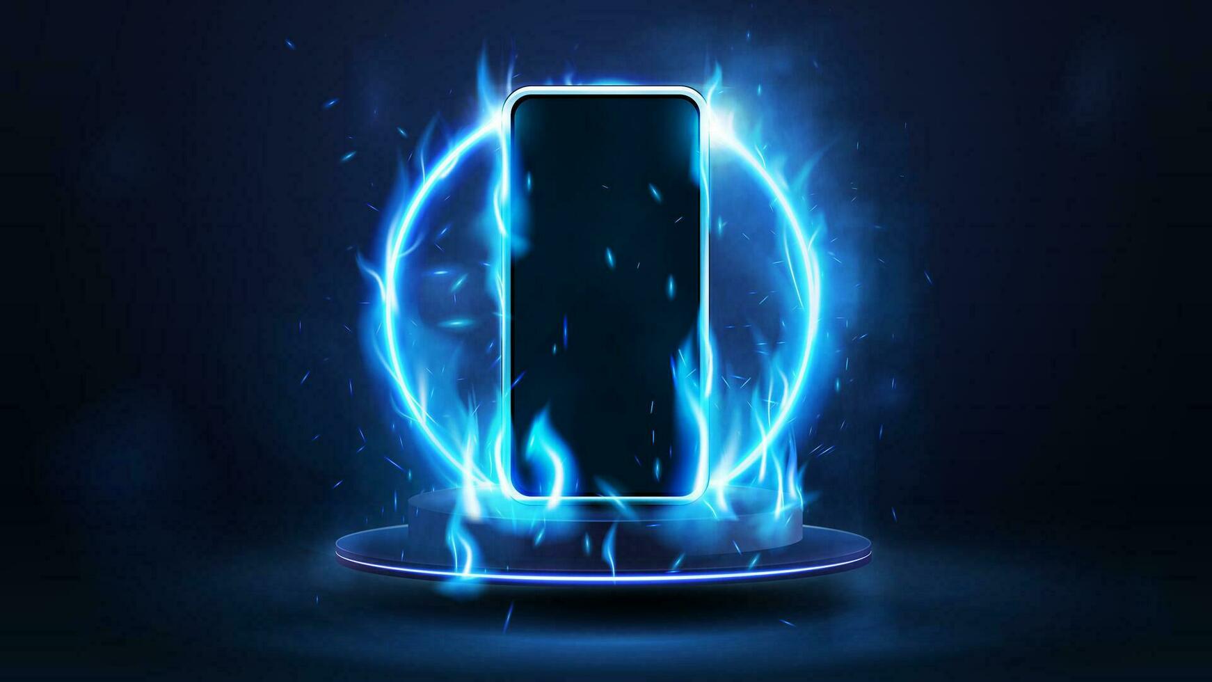 Smartphone on blue fire on podium floating in the air with blue neon ring on background. vector