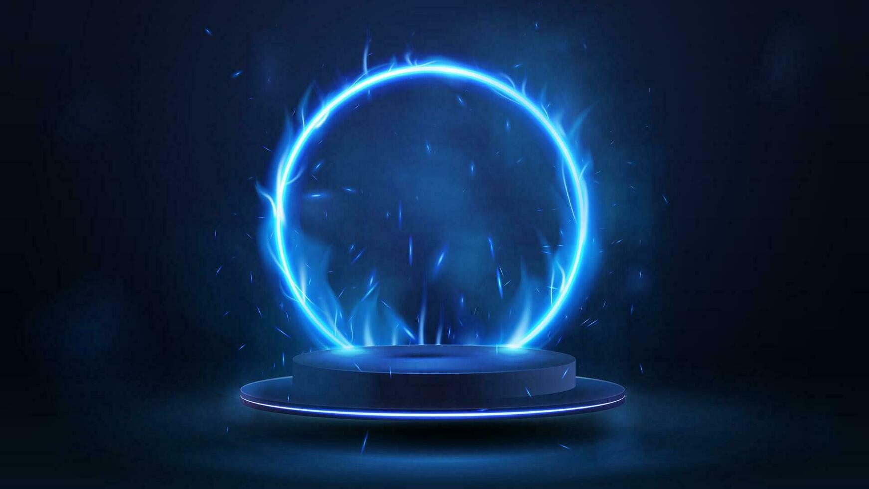 Empty blue podium floating in the air with blue neon fire ring on background vector