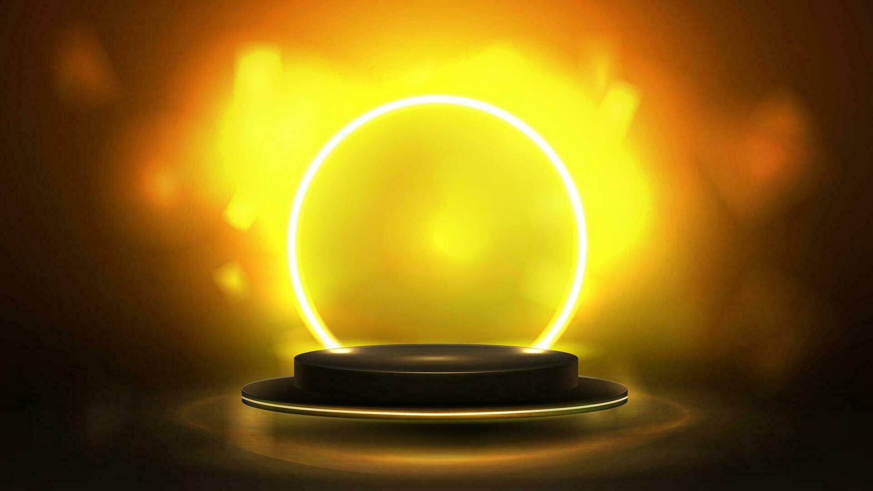 Empty gold and black podium floating in the air with yellow neon ring and blurred background, 3d realistic vector illustration.