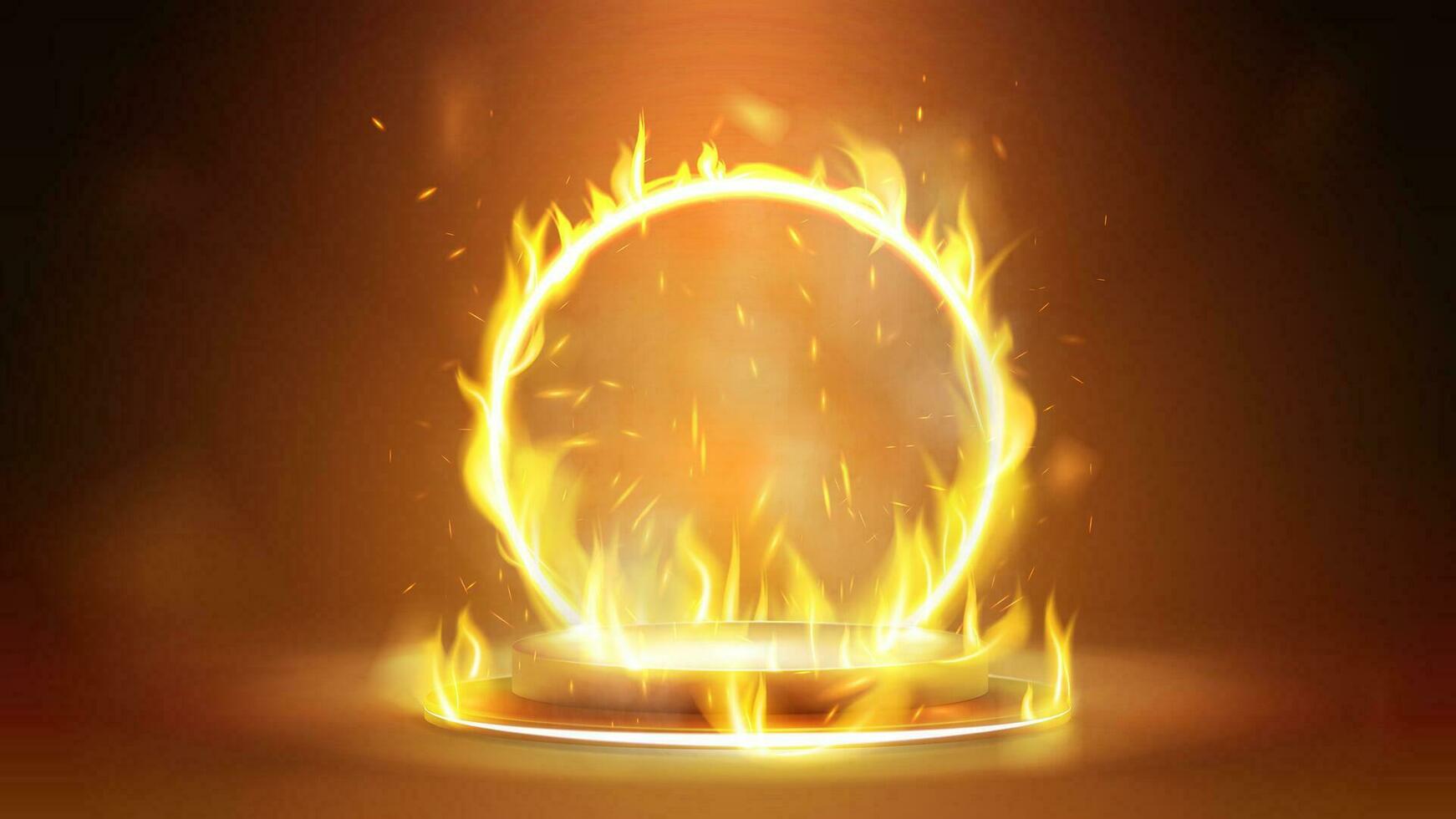 Empty fire podium with fire ring on background, 3d realistic vector illustration. Black and gold scene