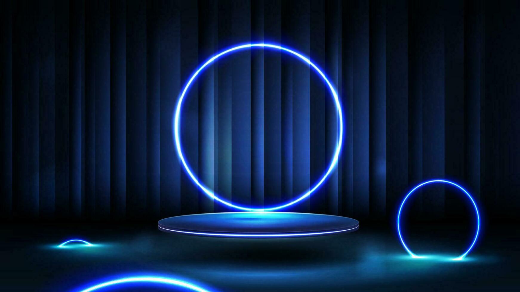 A blue podium floating in the air on background with curtain with blue neon rings around vector