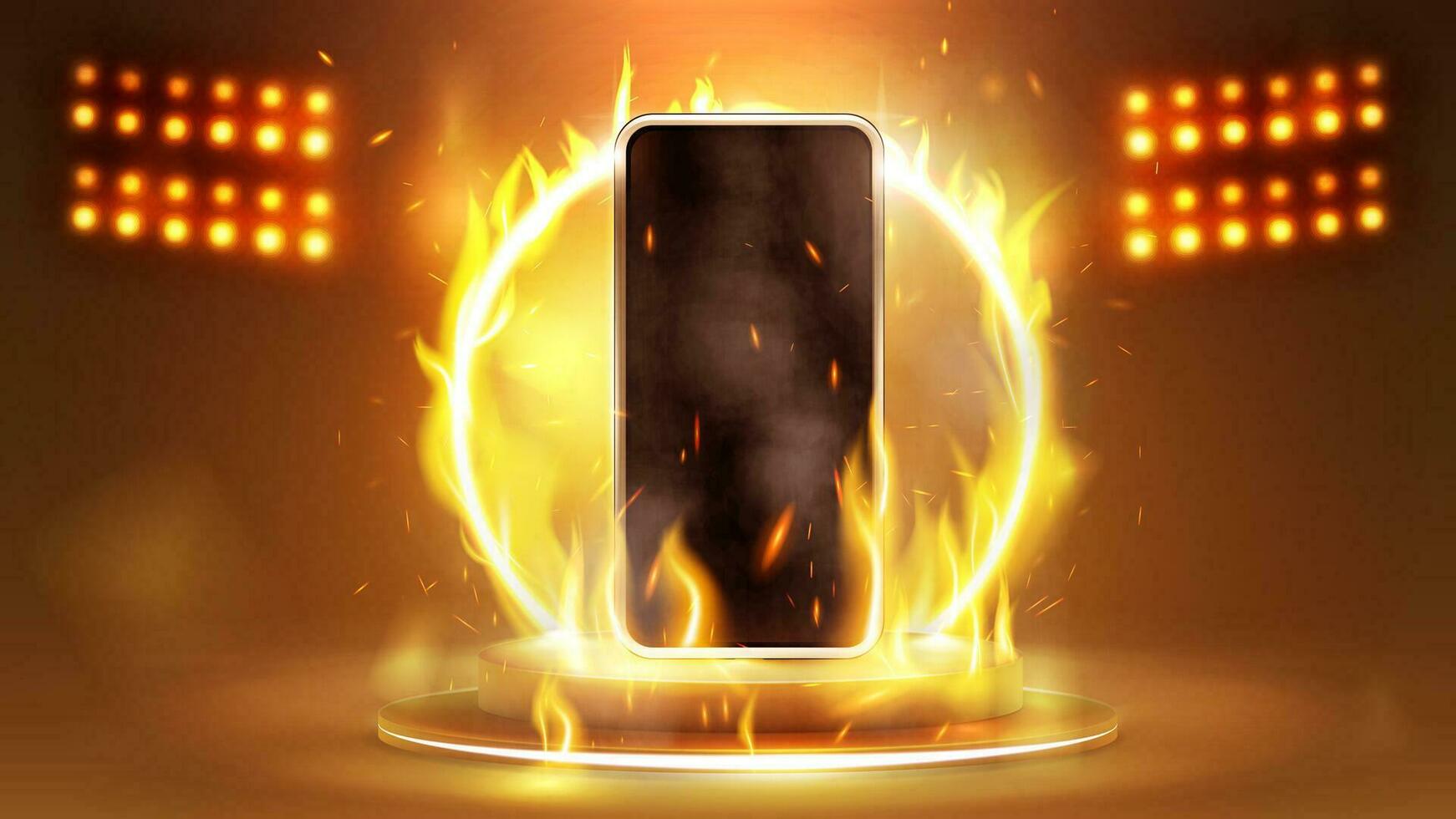 Smartphone in fire on podium with fire ring on background vector