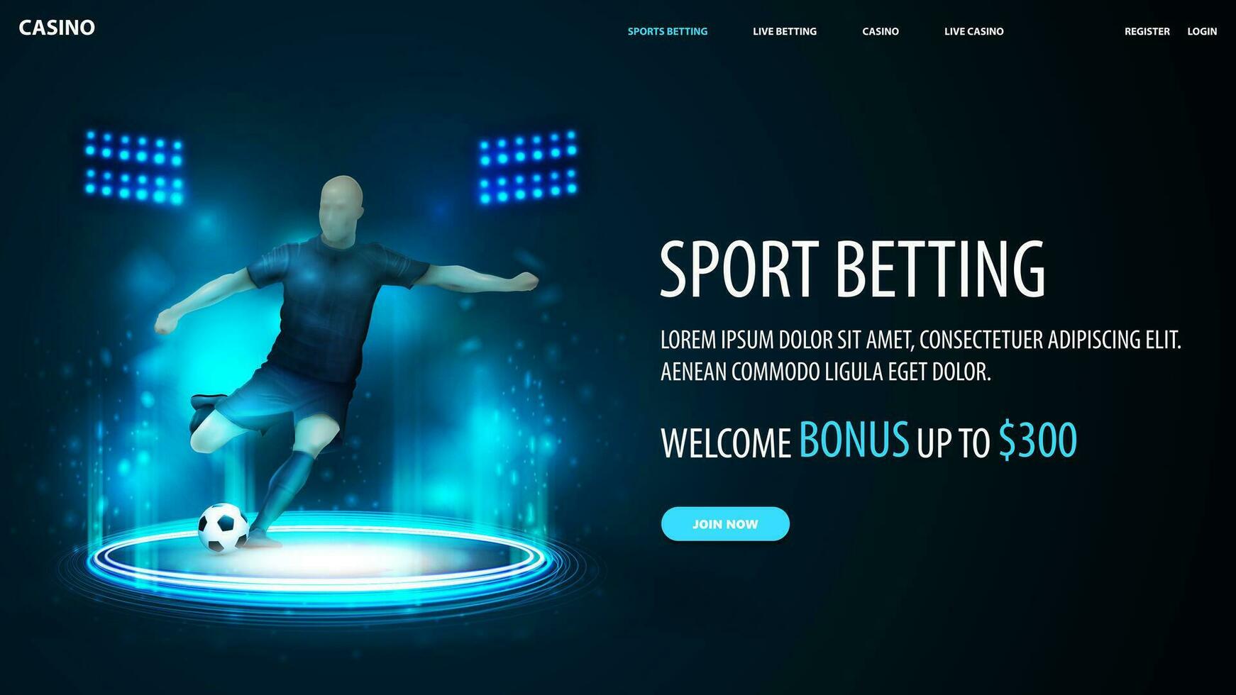 Deportes apuesta, azul bandera con fútbol jugador dentro azul portal hecho de digital anillos en oscuro vacío escena vector