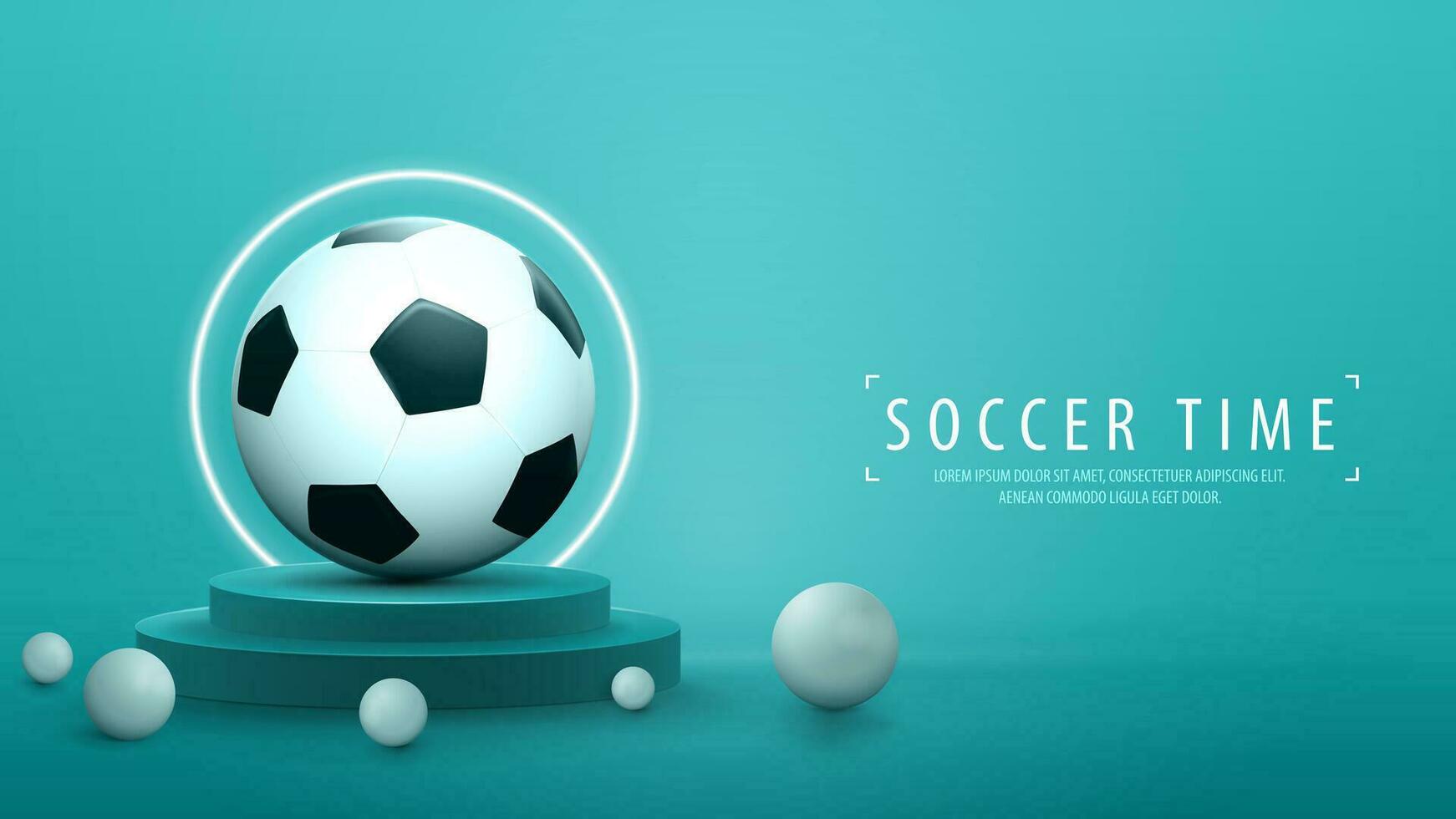 Podium with football ball, realistic spheres and white neon ring on background. vector