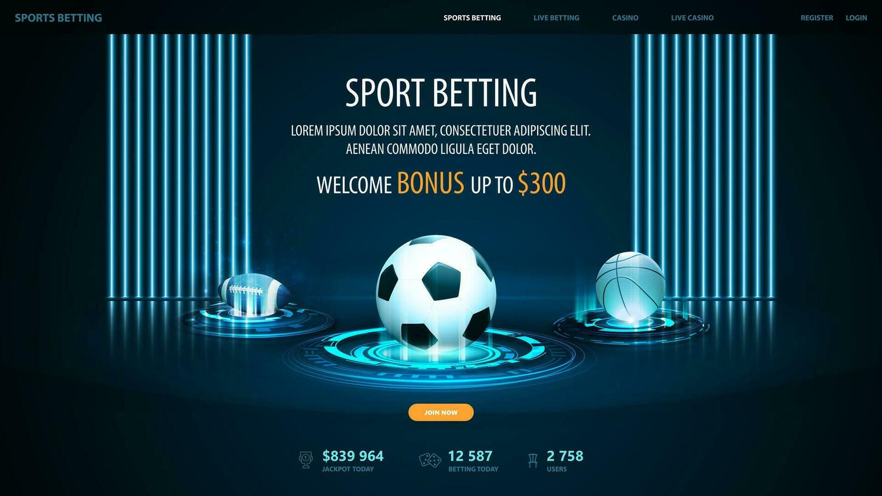 Sports betting, digital banner for website with sport balls on blue hologram digital podiums in dark empty scene vector