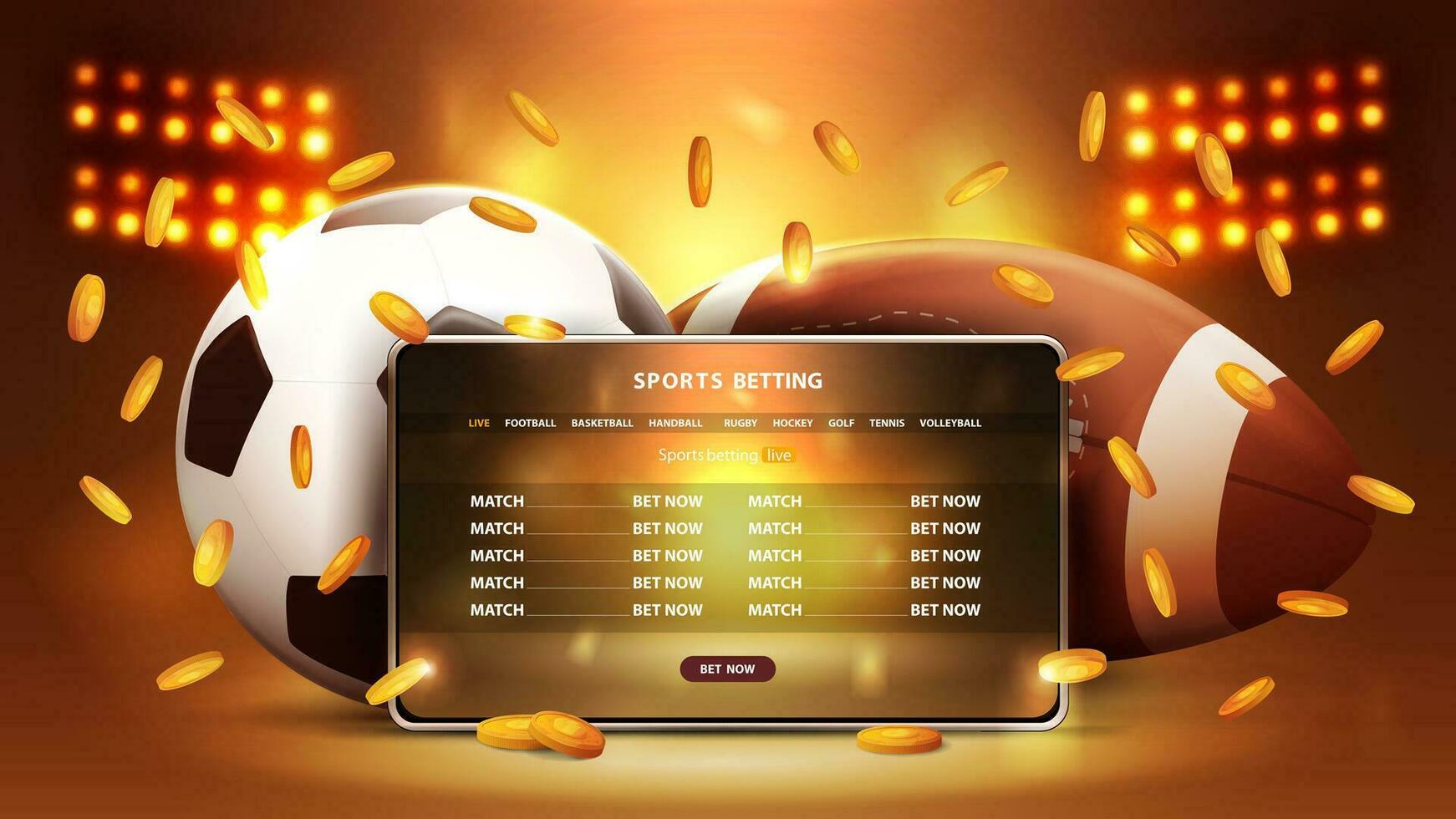 Sports betting, banner for website with tablet and football balls in gold stadium arena with spotlights vector